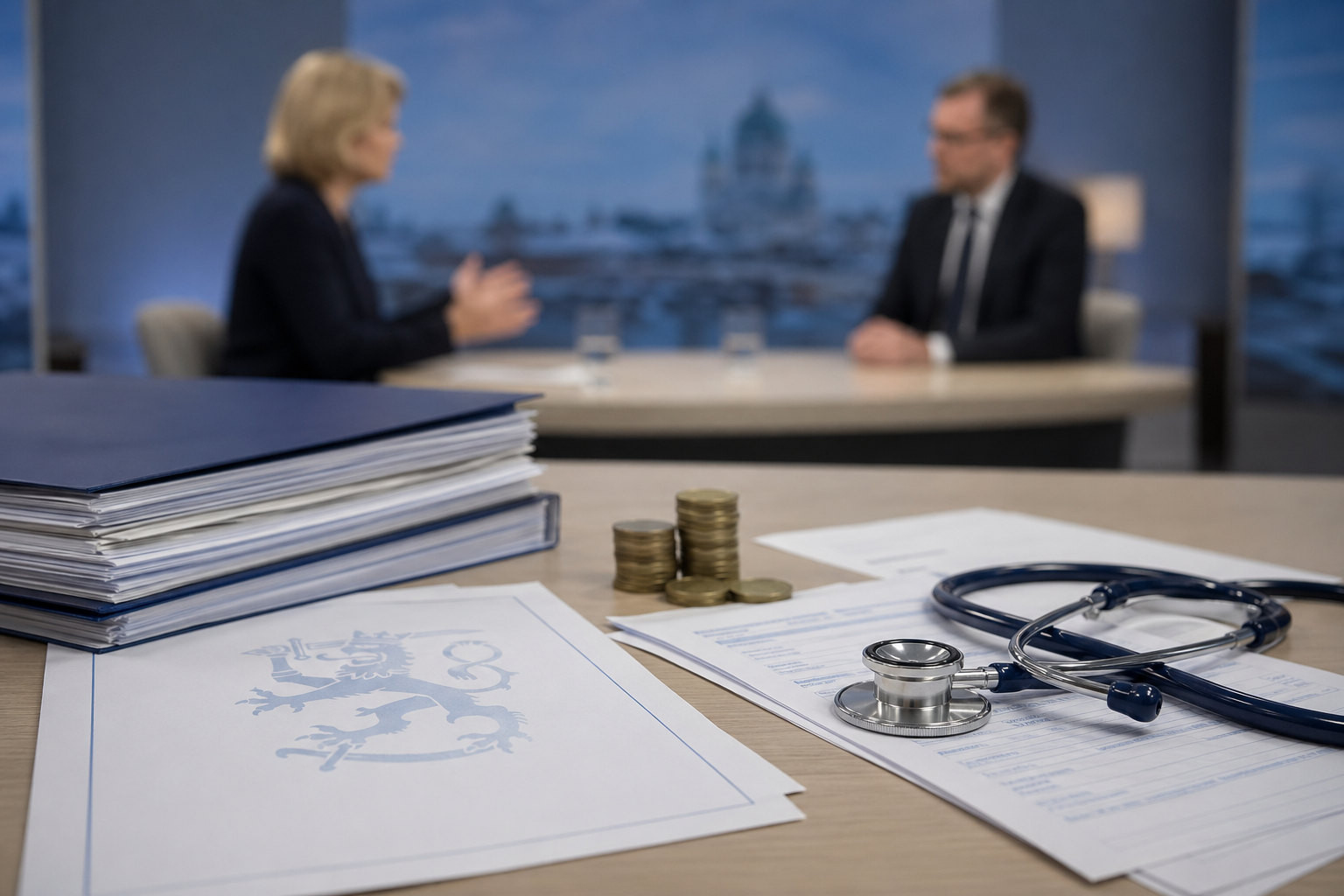 Pöydällä on sote-asiakirjoja, stetoskooppi ja kolikoita, taustalla kaksi sumeaa keskustelijaa.