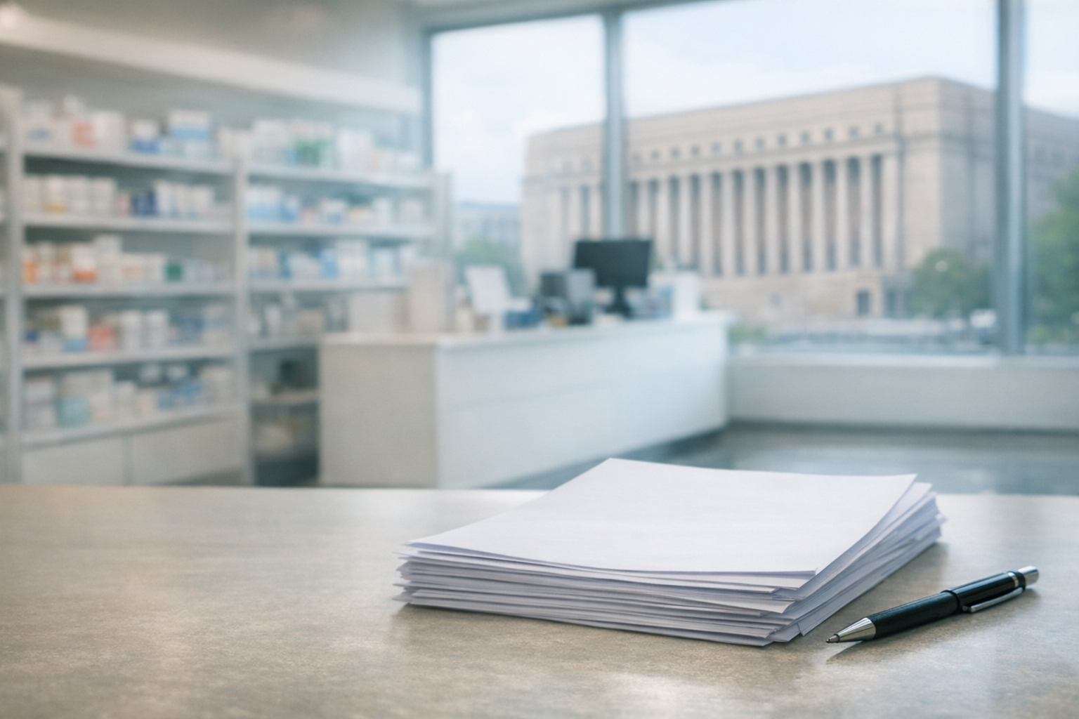Apteekin tiski ja lääkkehyllyjä, etualalla paperinippu pöydällä, taustalla virastomainen rakennus.