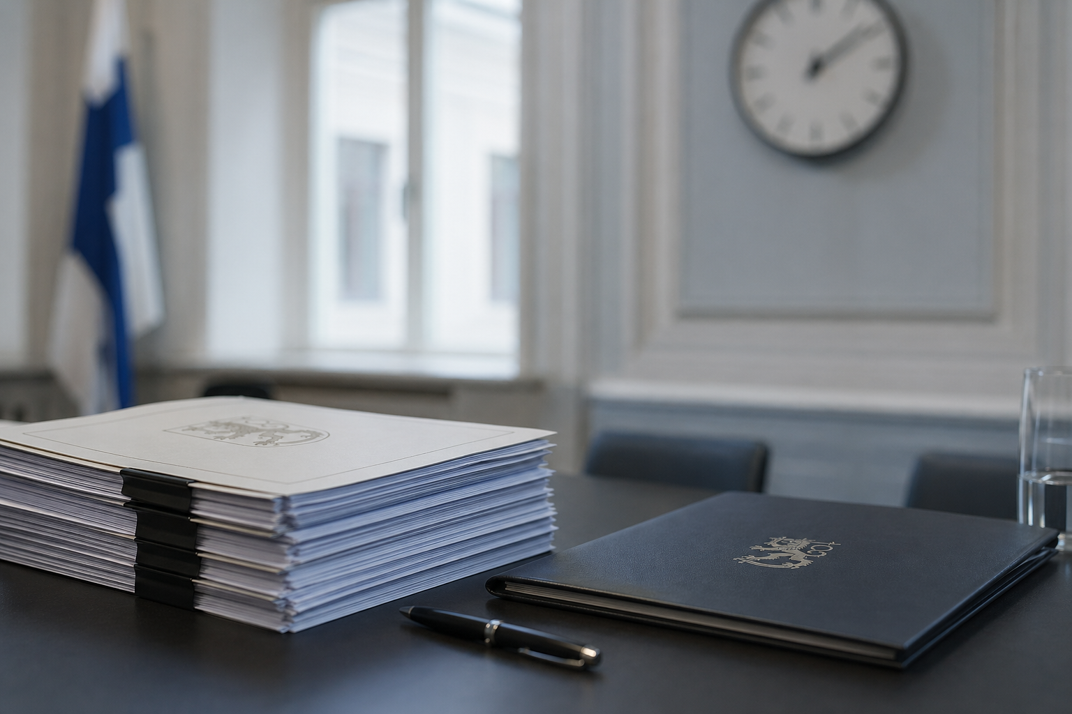 Asiakirjapino, kansio ja taustalla sumea kello virastomaisessa toimistossa.