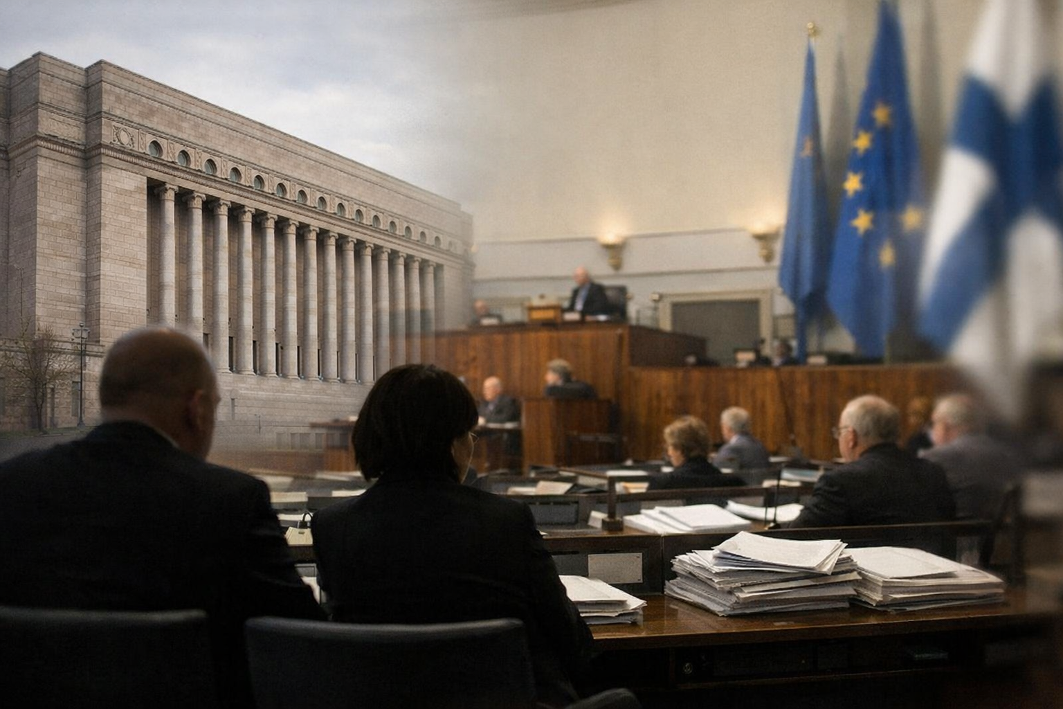 Eduskuntatalo ja täysistuntosalin tunnelmaa symboloiva näkymä, taustalla pehmeästi EU:n ja Suomen liput.