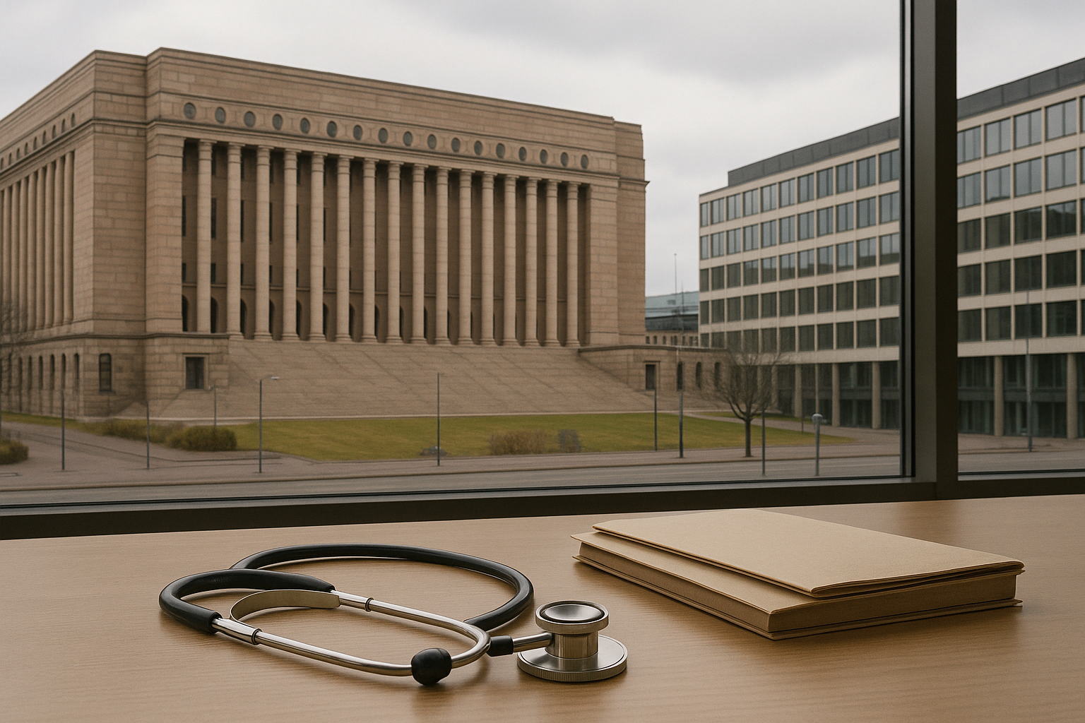 Eduskuntatalo ja neuvottelupöytä, jolla on asiakirjakansioita ja stetoskooppi symboloimassa sote-rahoitusta.