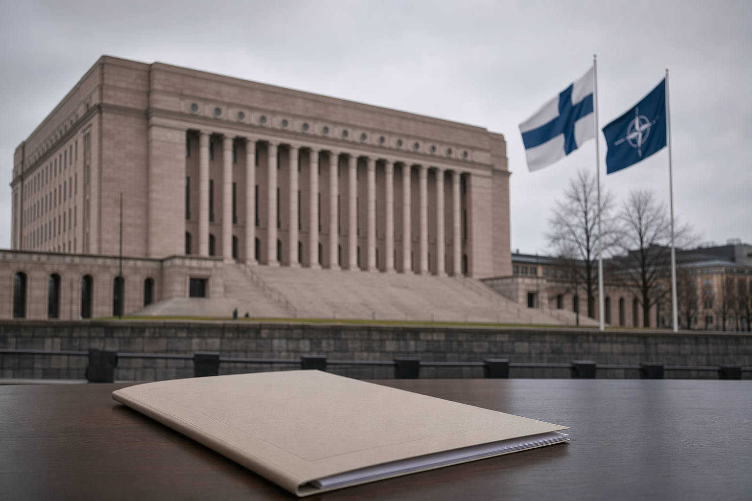 Eduskuntatalo ja asiakirjakansio neutraalissa uutiskuvituksessa ydinenergia- ja puolustuslainsäädännöstä.