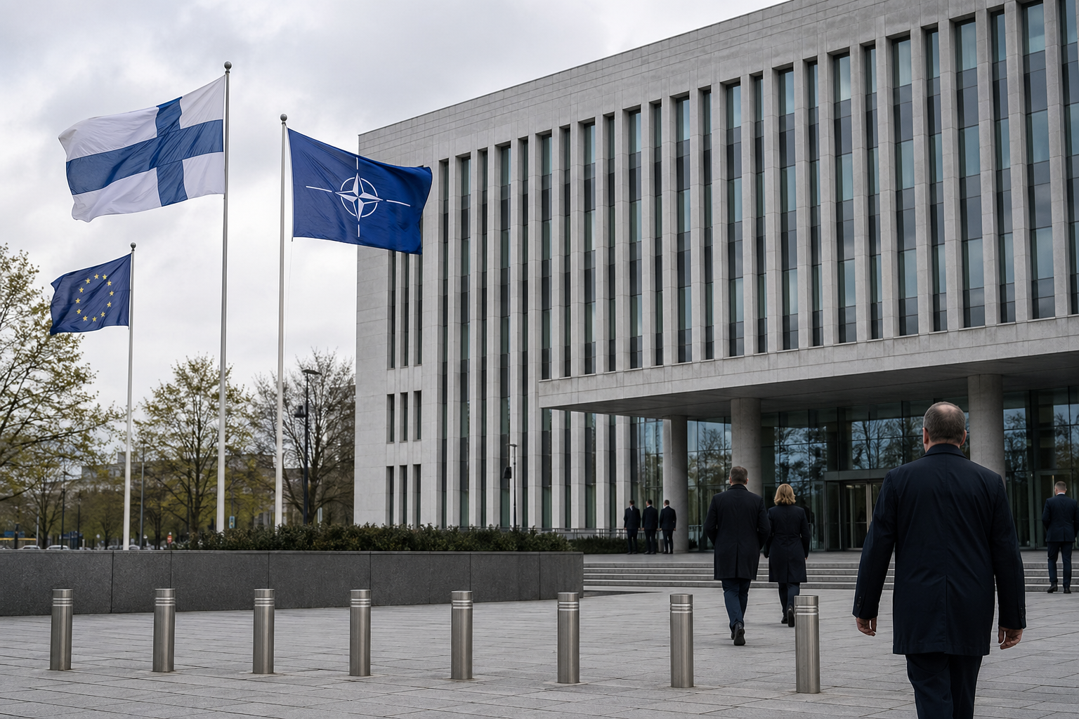 Suomen ja Naton liput liehuvat virastorakennuksen edustalla harmaana päivänä.