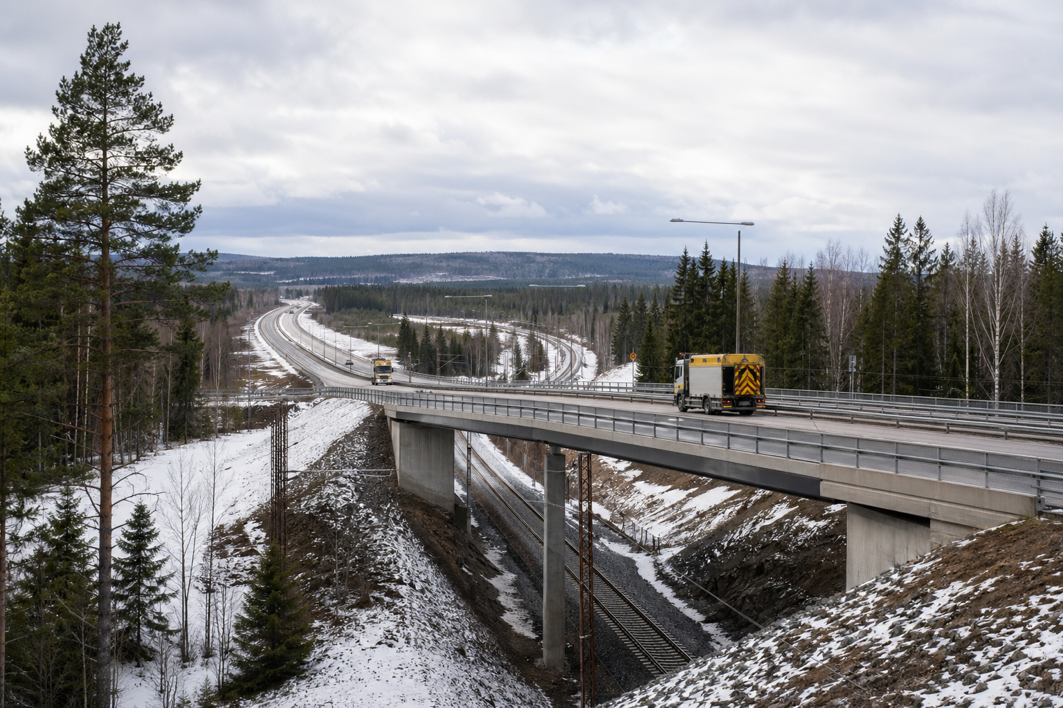 Maantie, silta ja rata kulkevat suomalaisessa metsämaisemassa harmaan taivaan alla.