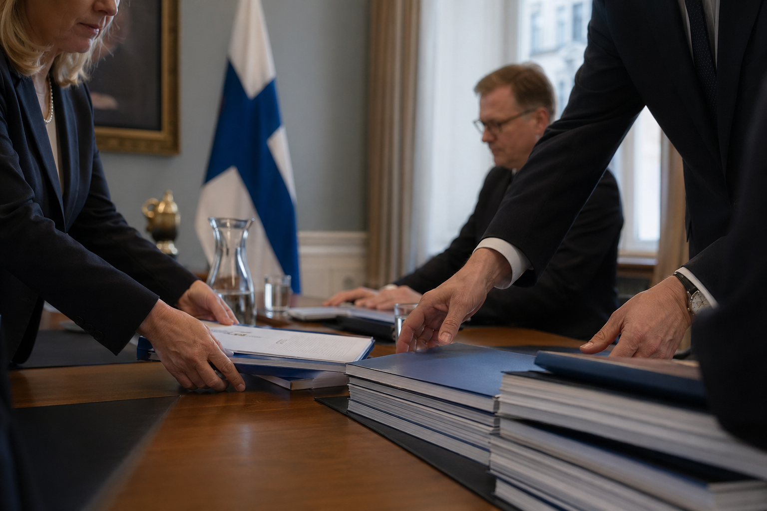 Kokouspöydällä on virallisia asiakirjoja ja Suomen lippu taustalla hallituksen puolustuspäätöksiä kuvaamassa.