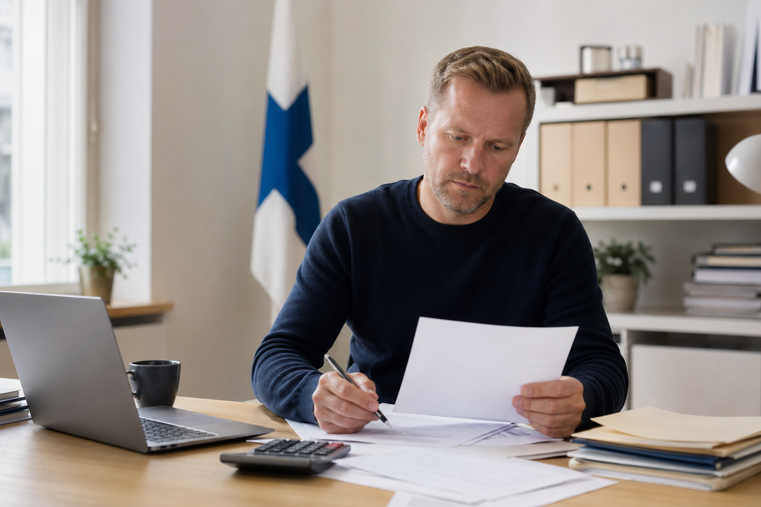 Yrittäjä tarkastelee papereita ja laskinta työpöydän ääressä toimistossa.