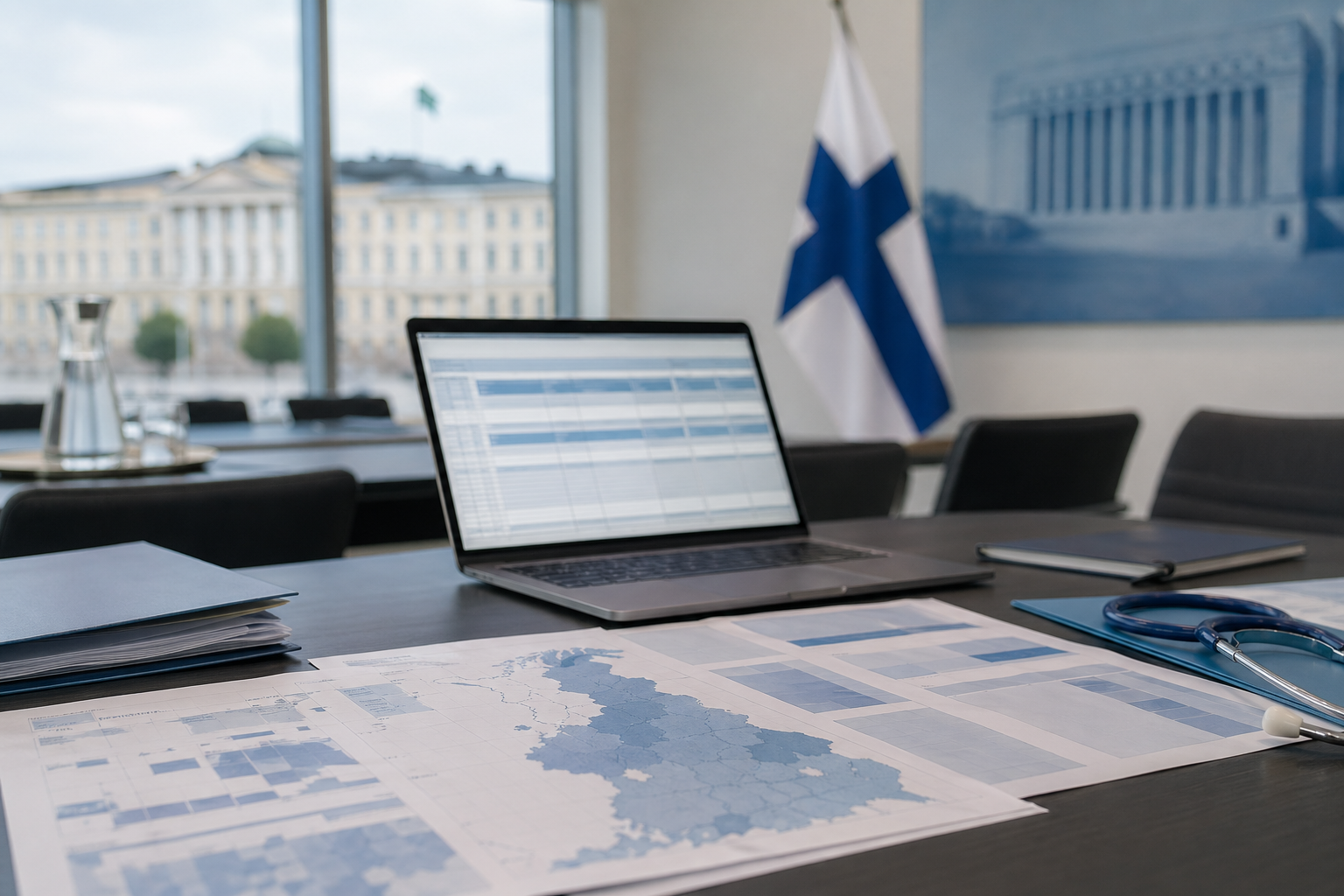 Ministeriön neuvottelupöydällä on asiakirjoja, kannettava tietokone ja terveydenhuollon välineitä.