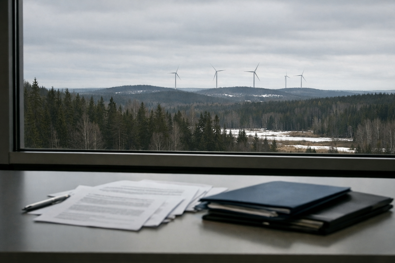 Itäsuomalainen metsämaisema ja kaukaisia tuulivoimaloita, etualalla ministeriövalmistelua viittaava neuvottelutila.