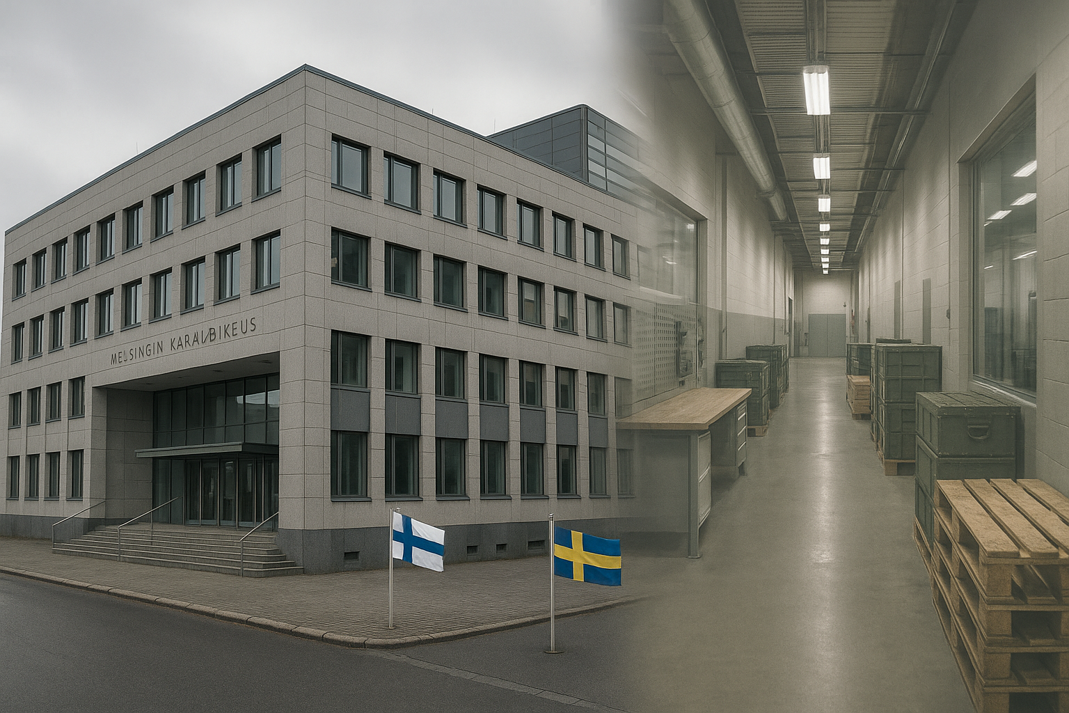 KHO:ta symboloiva virastorakennus ja taustalla puolustusteollisuutta viittaava hallimainen ympäristö.