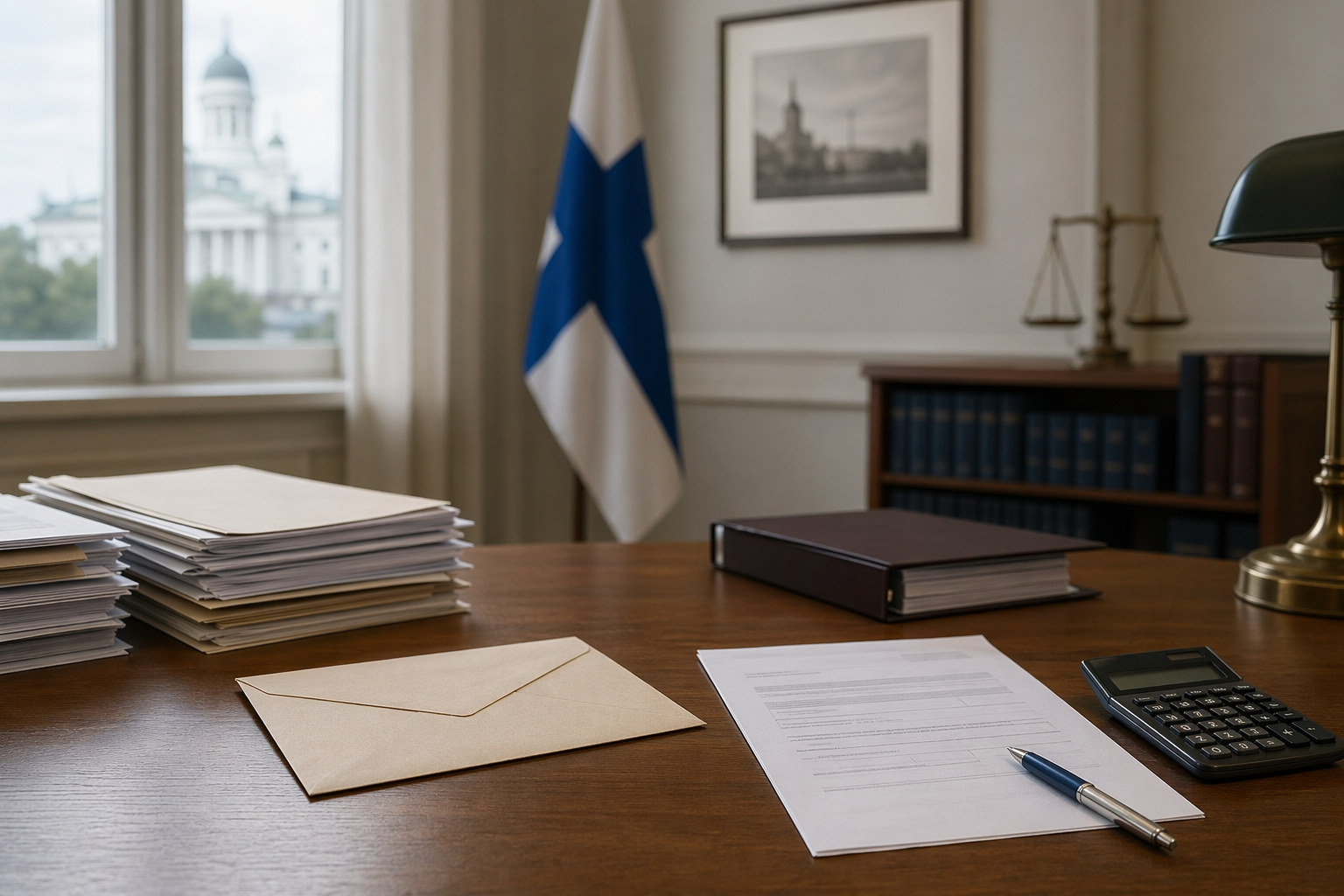 Pöydällä on asiakirjoja, laskin ja kynä virastomaisessa ympäristössä.