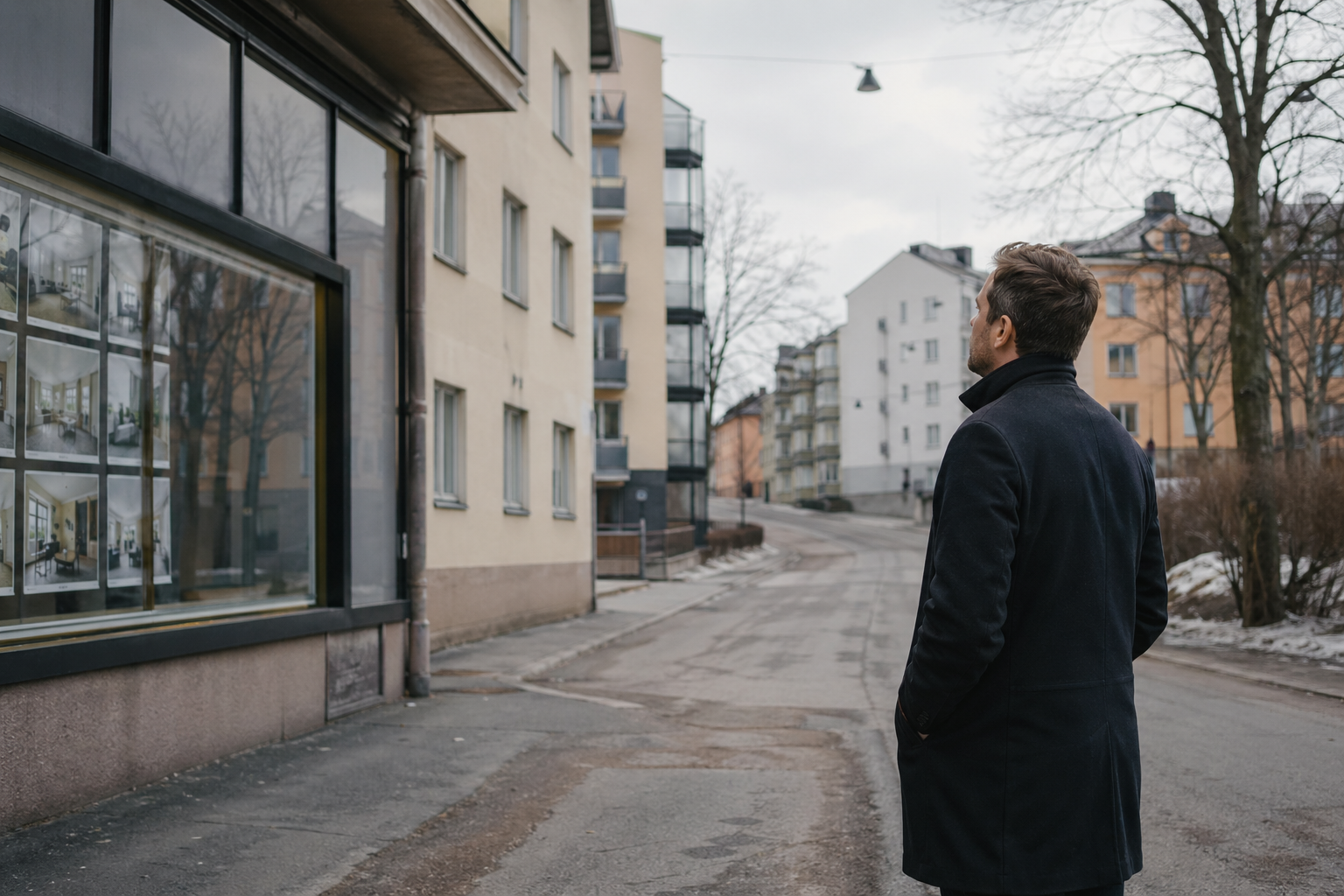 Henkilö katsoo kerrostaloja harmaana kevätpäivänä, tunnelma on epävarma ja hillitty.