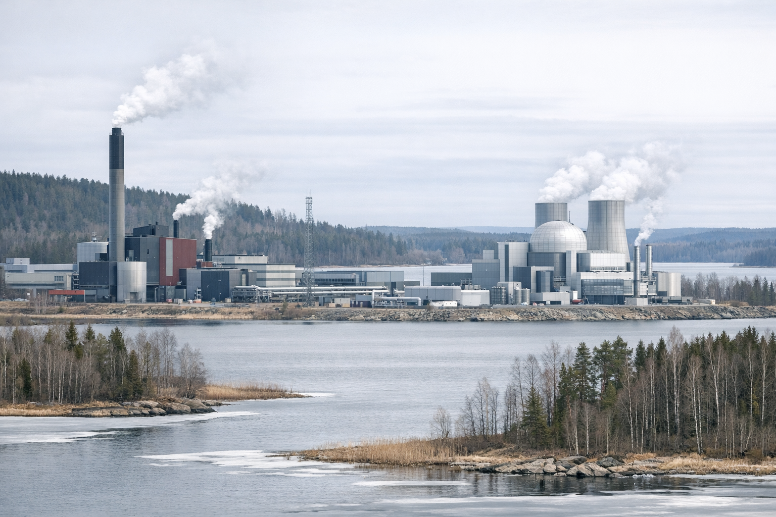 Lehtikuvitus Kuopion seudun energiainfrastruktuurista järven ja metsän äärellä, viittauksena pienydinvoimahankkeeseen.