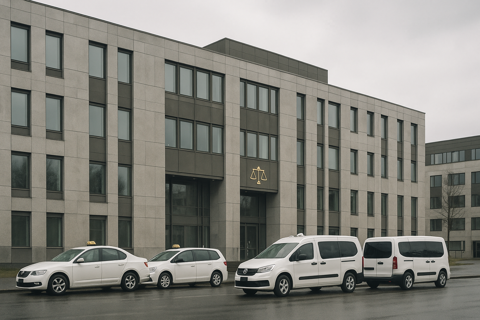 Pilvisenä päivänä suomalaisen oikeustalon edessä on muutama valkoinen sote-kuljetusauto.