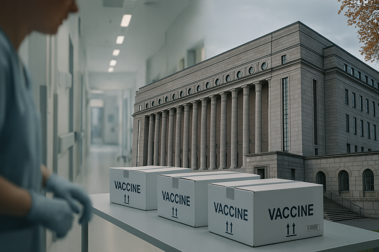 Symbolinen uutiskuva: rokotelaatikoita kliinisessä tilassa ja oikeustalon tai ministeriörakennuksen julkisivu taustalla.