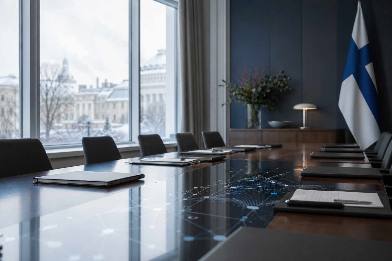 Neutraali kokouspöytä ja kannettavia tietokoneita valtionhallinnon digitaalista tiekarttaa kuvastamassa.