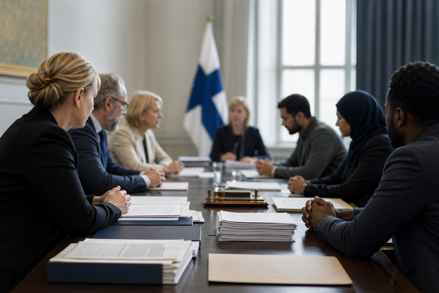 Virkamiehiä kokoushuoneessa asiakirjojen äärellä, taustalla pieni Suomen lippu.