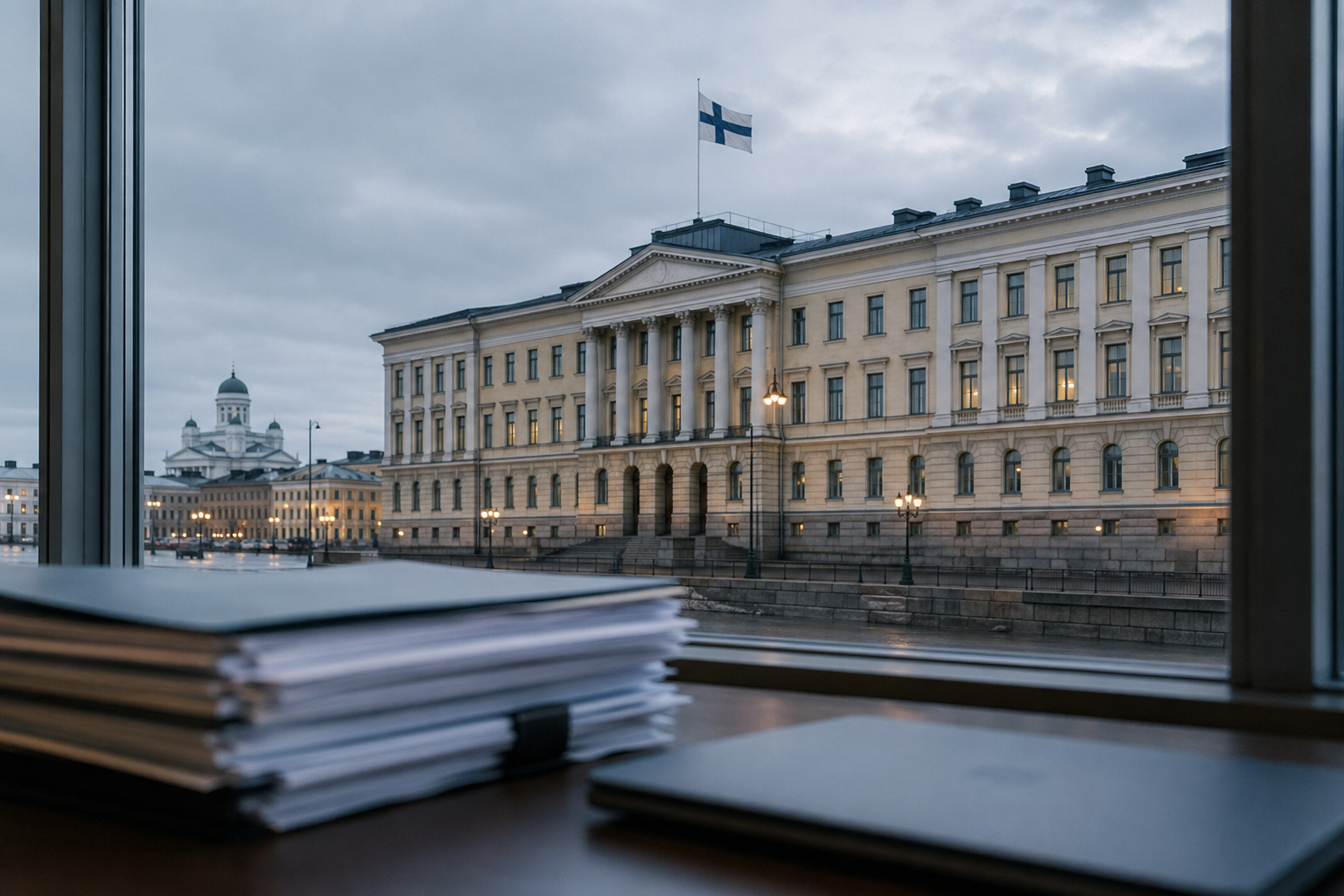 Helsinkiläinen valtionhallinnon rakennus ja asiakirjoja hämärässä, vakava talousuutisen tunnelma.