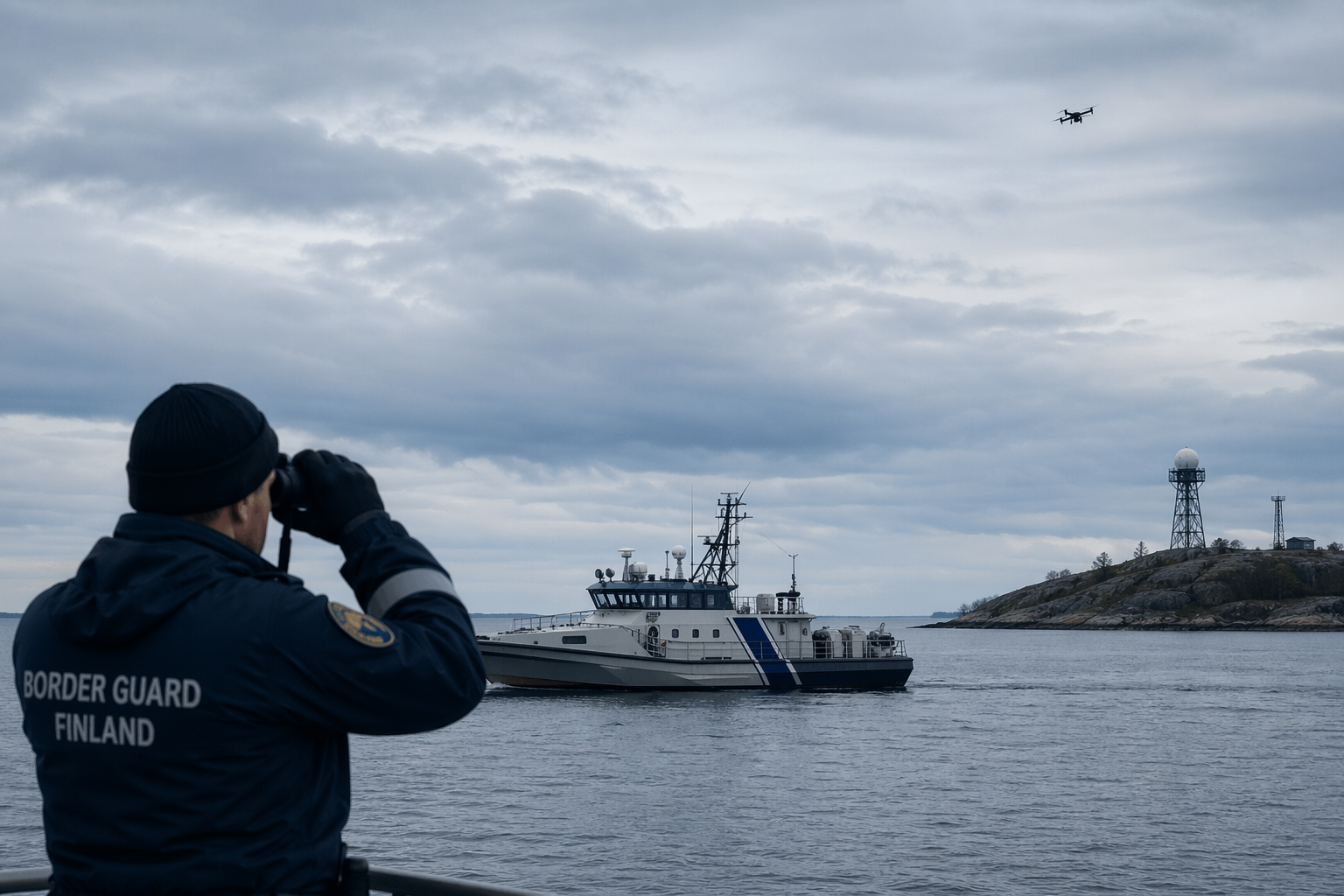 Rajavartiolaitoksen alus Suomenlahdella ja pieni drooni taivaalla pilvisessä säässä.