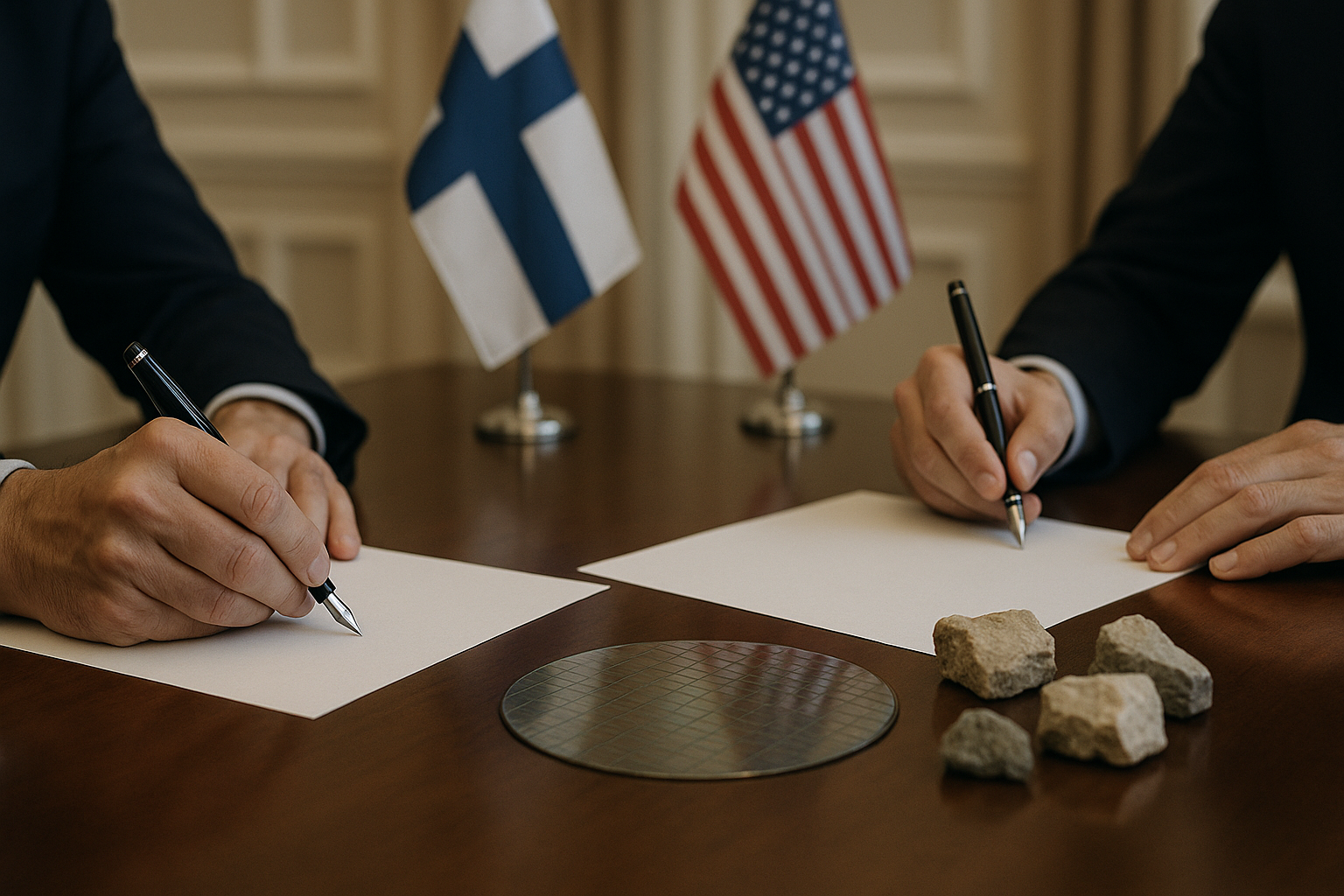 Diplomaattinen pöytä Washingtonissa: allekirjoitus, Suomen ja Yhdysvaltain liput sekä puolijohdekiekko etualalla.