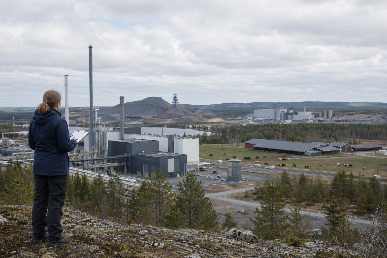 Viranomainen tarkastelee teollisuus- ja maatilarakennuksia pilvisessä suomalaisessa maisemassa.