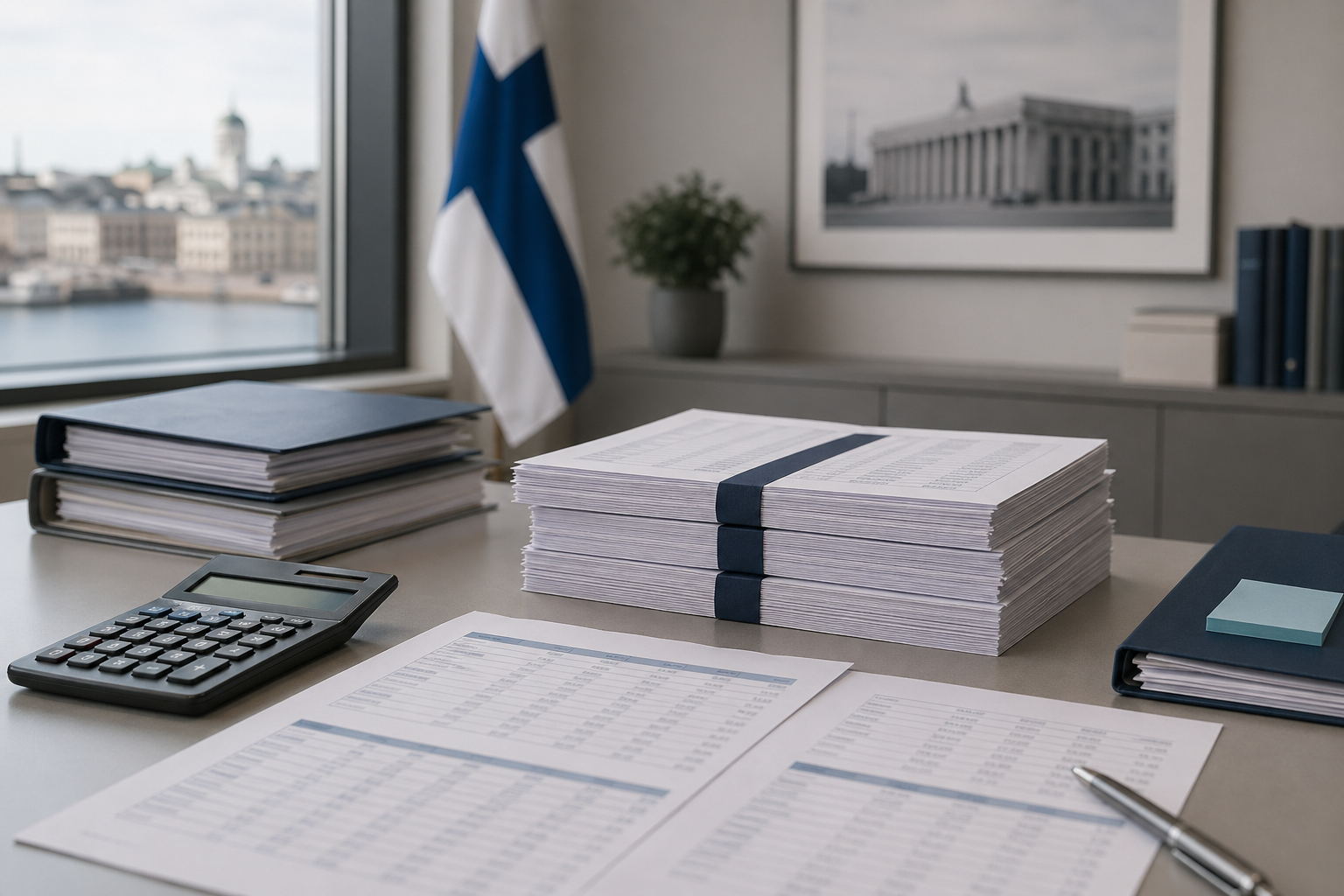 Toimistopöydällä on asiakirjapinoja ja laskin, jotka kuvaavat yritystukien tilastointia.