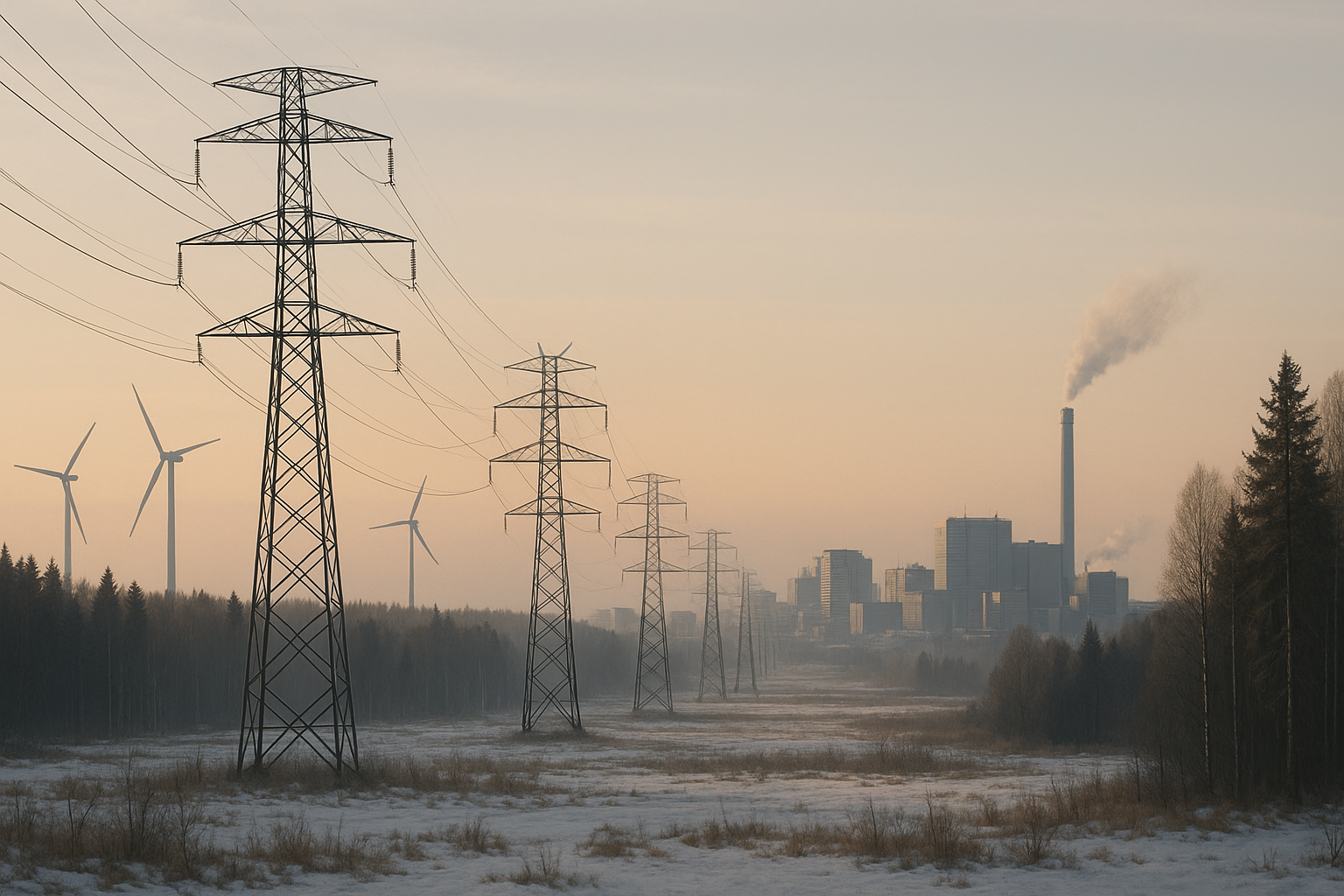 Voimajohtoja, tuulivoimaloita ja kaupunkia suomalaisessa maisemassa aamunvalossa.
