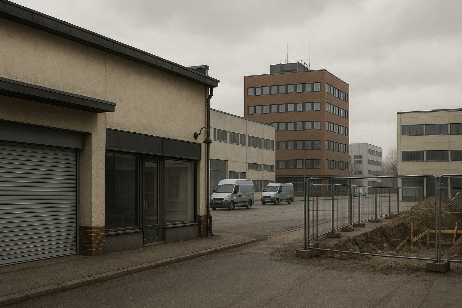 Pilvinen kaupunkinäkymä, jossa suljettuja liiketiloja, hiljainen rakennustyömaa ja yritysrakennuksia.