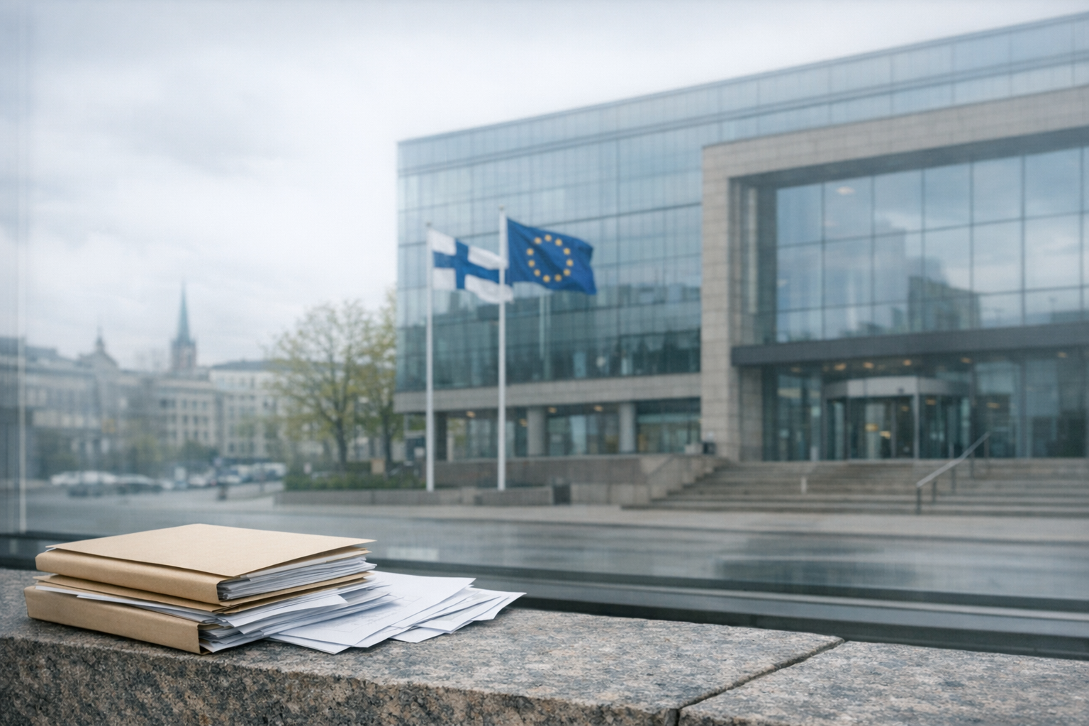 Suomalaisen virastorakennuksen edusta, Suomen ja EU:n liput sekä pöydällä neutraaleja asiakirjoja talousuutisen kuvituksena.
