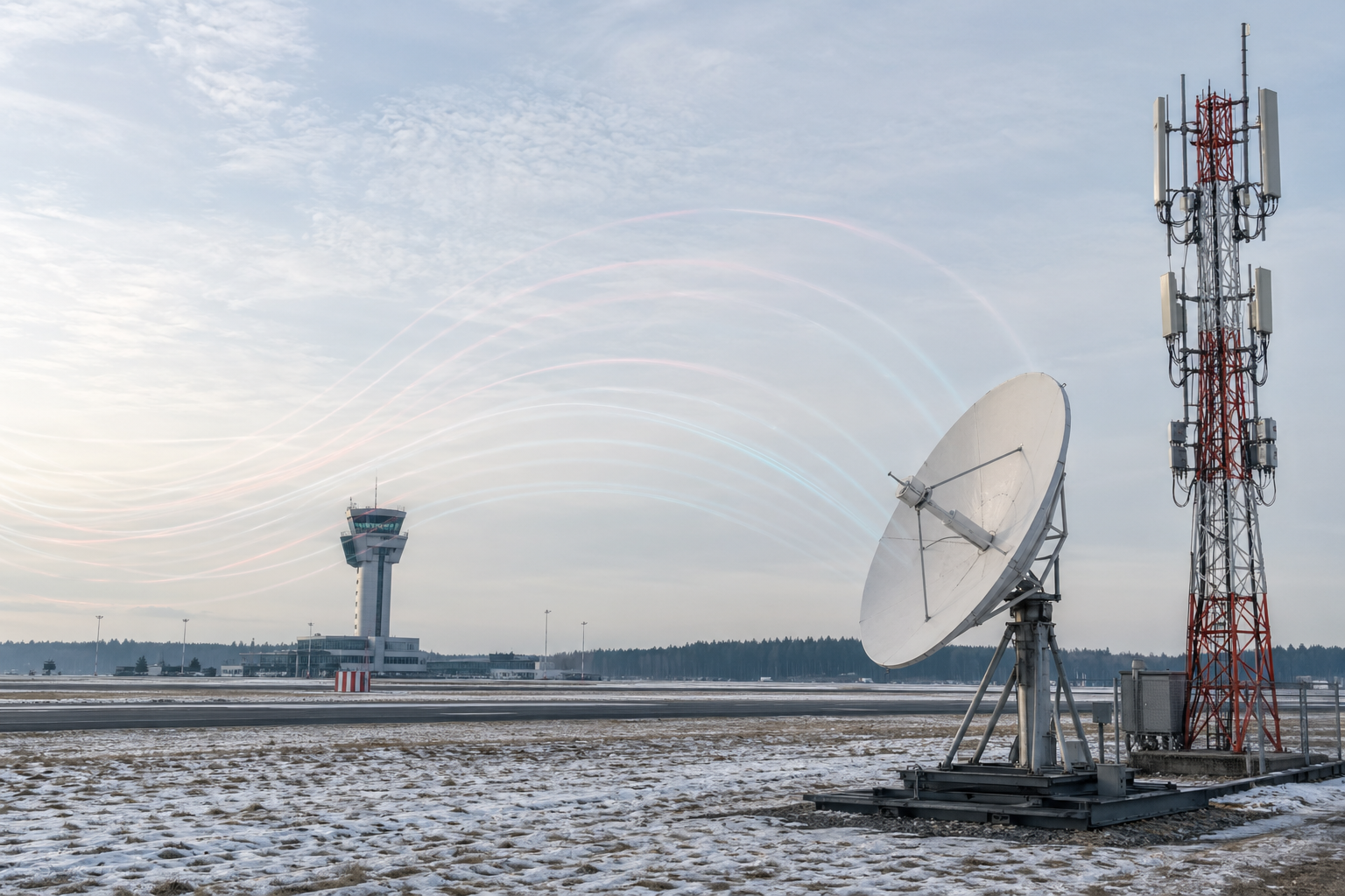 Lentokentän laidalla näkyy antenneja ja masto, taustalla lennonjohtotorni ja häiriöitä symboloiva ilmaväreily.