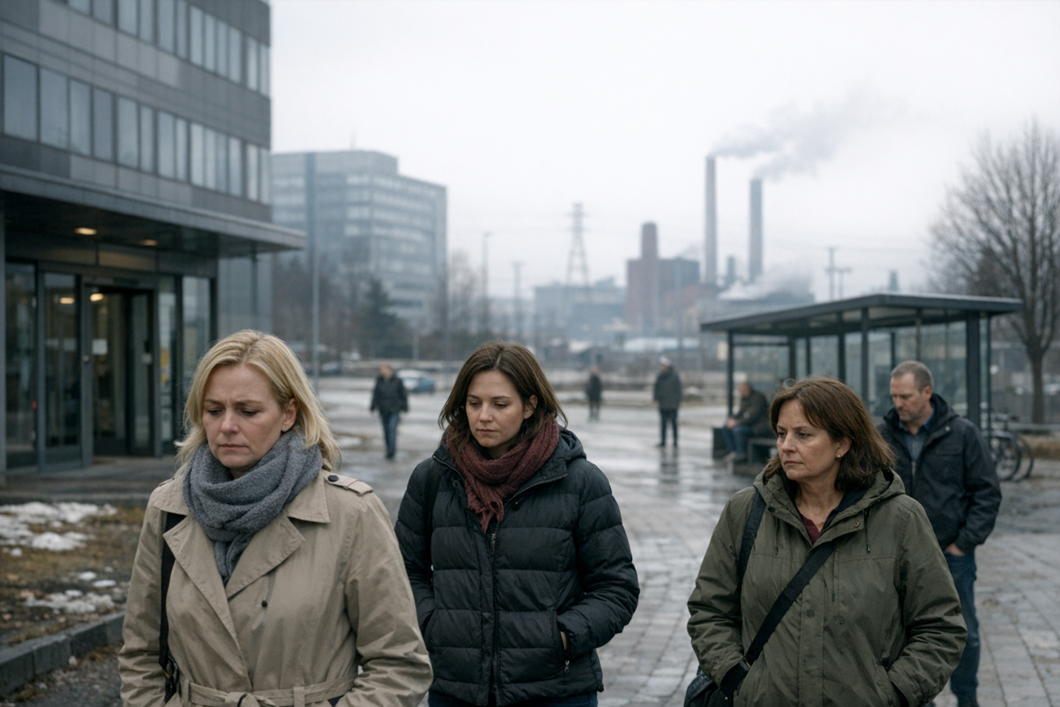 Pilvinen näkymä toimisto- ja teollisuusalueelle, jossa muutama työikäinen kulkee hiljaisessa aamussa.