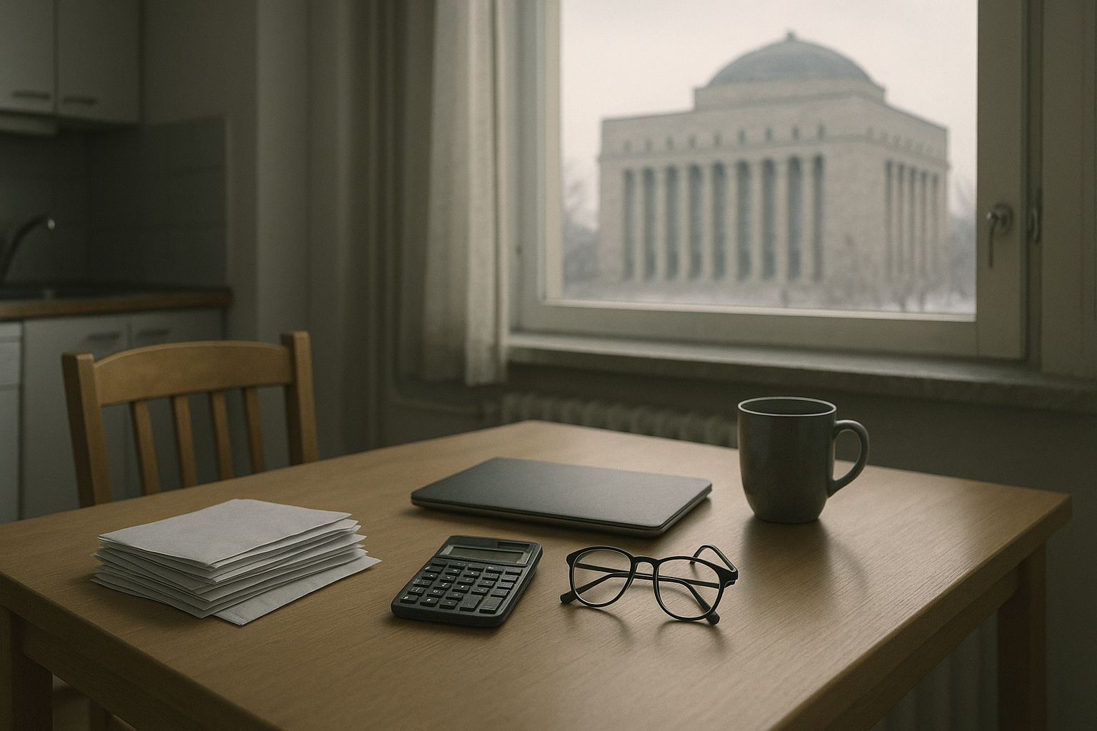 Keittiön pöydällä laskuja, laskin ja silmälasit, taustalla ikkunasta näkyy virastomainen rakennus.