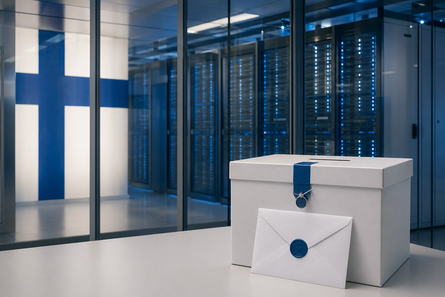 Turvallisen konesalin palvelinrivejä ja vaaleihin viittaava suljettu kirjekuori etualalla.