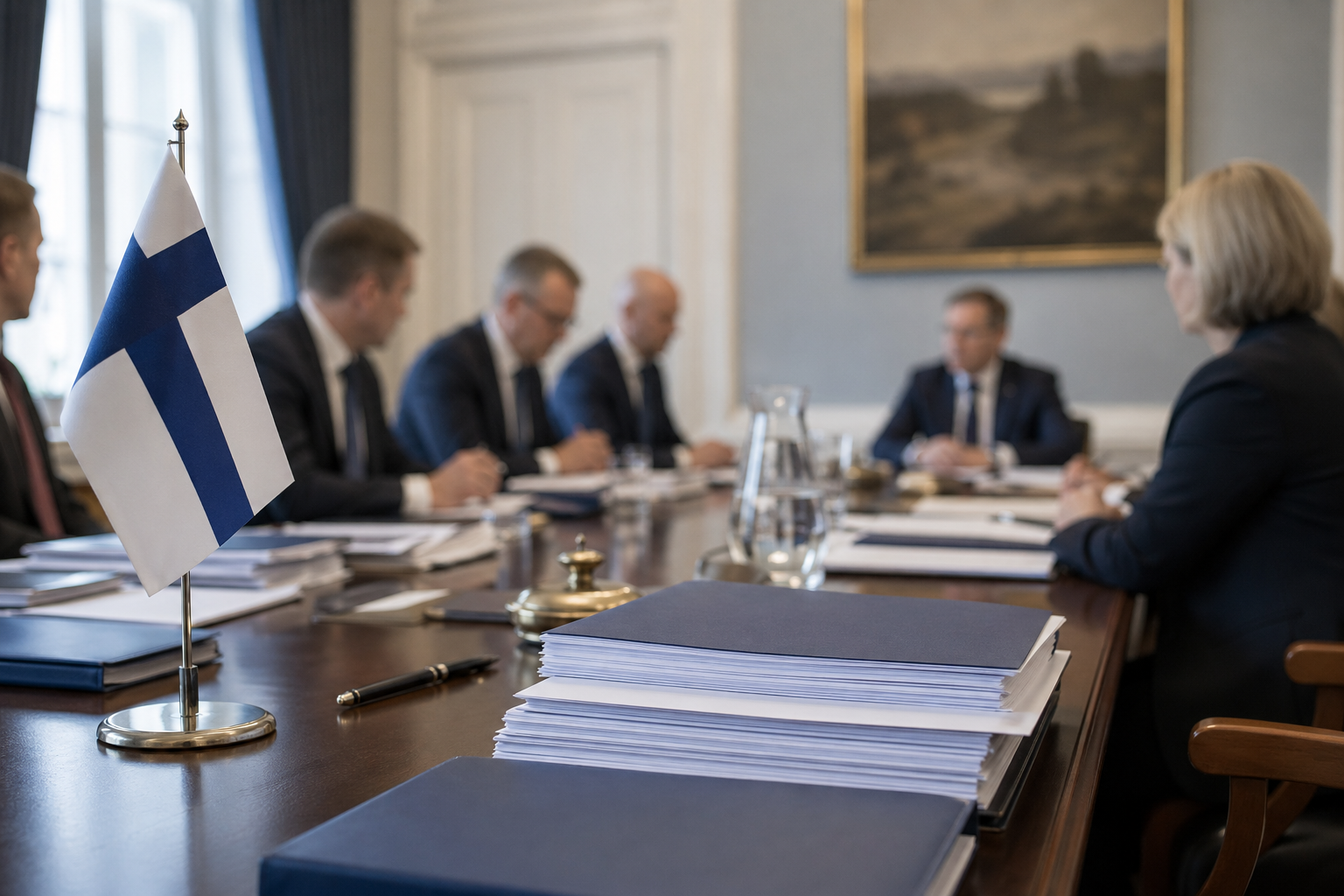 Kokouspöydällä on talousasiakirjoja ja Suomen lippu valtionhallinnon neuvotteluhuoneessa.