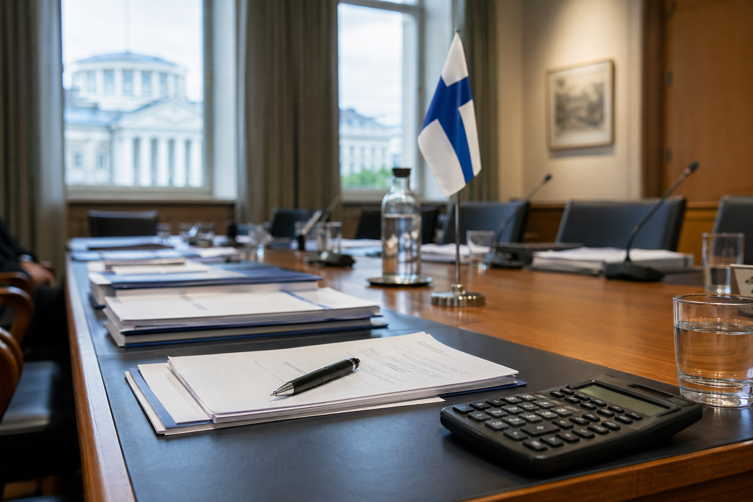 Ministeriön kokouspöydällä on asiakirjoja, kynä ja pieni Suomen lippu neutraalissa toimistoympäristössä.
