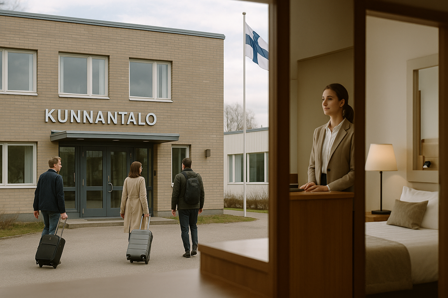 Kunnan virastotalo ja hotellimajoitusta symboloiva näkymä, etualalla matkailijoita matkalaukkuineen.