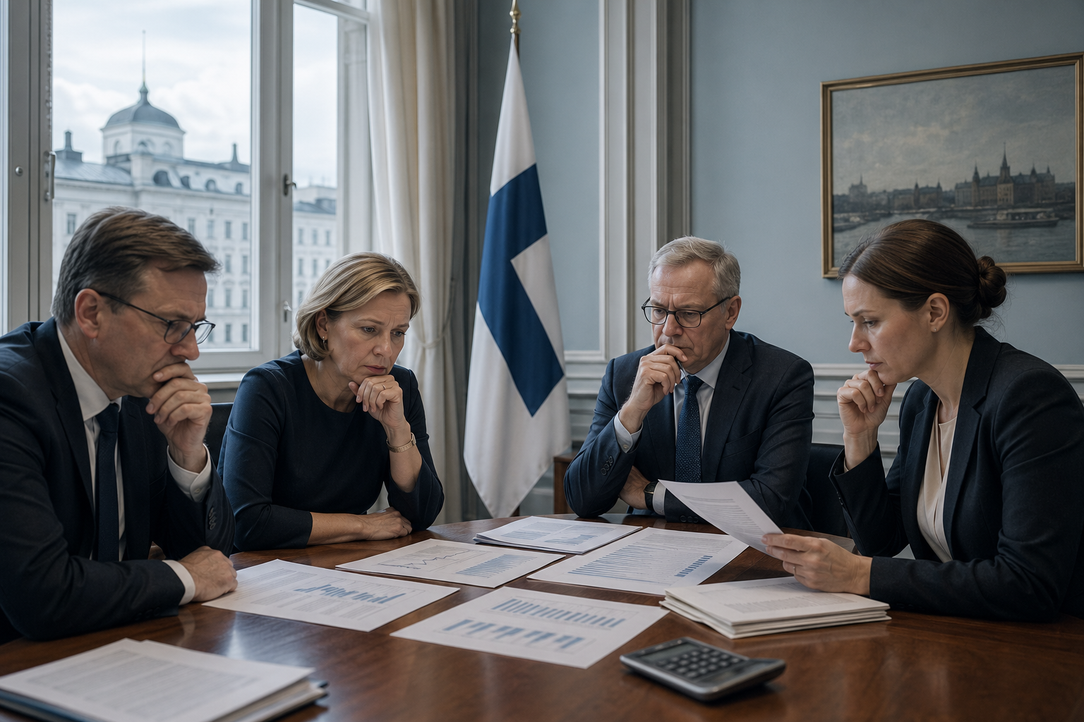Valtionhallinnon neuvottelupöydällä on talousraportteja ja laskin, taustalla Suomen lippu.