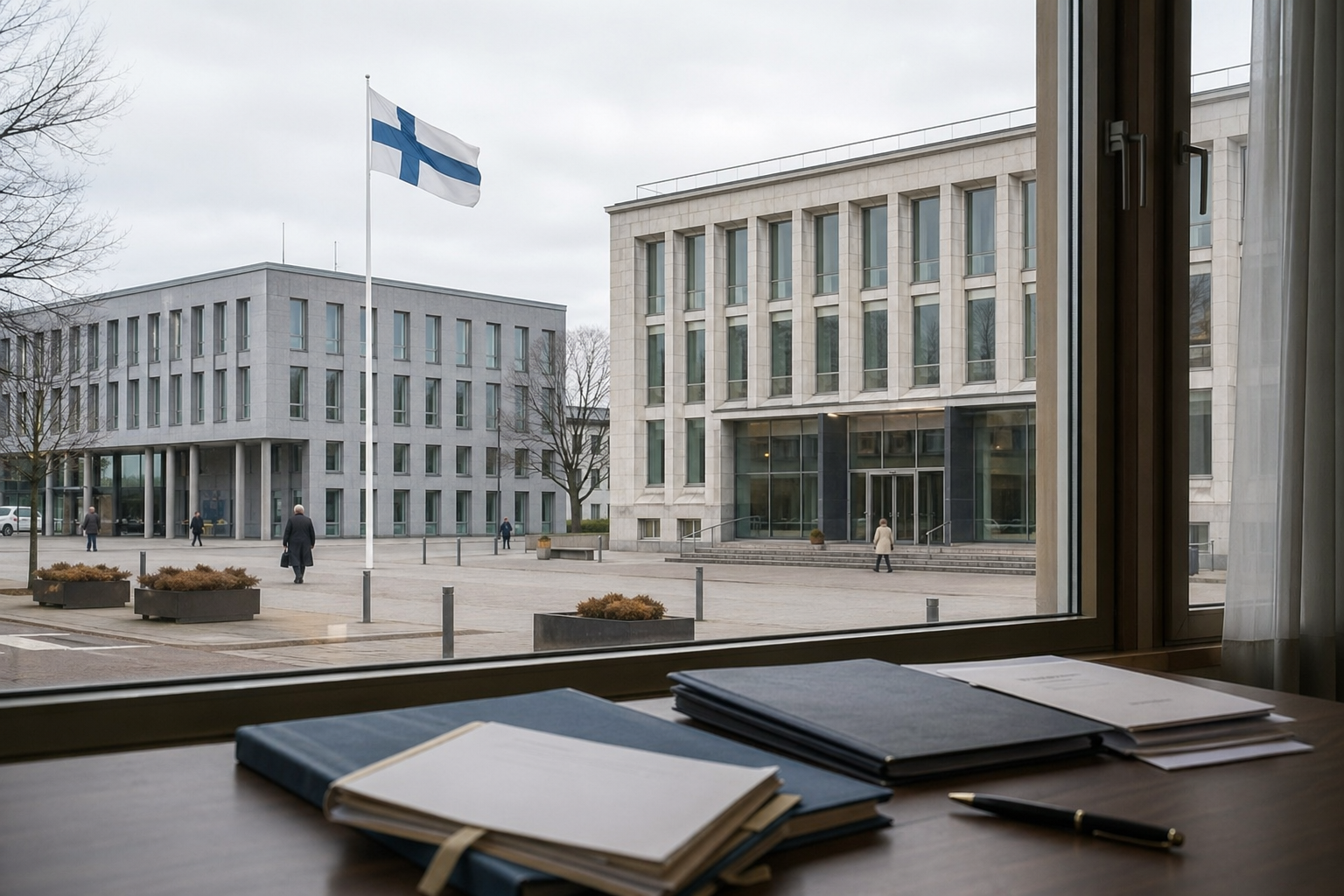 Kunnanvirastoa ja hallintopapereita kuvaava uutismainen kuvitus kunnallisten tehtävien sääntelystä.