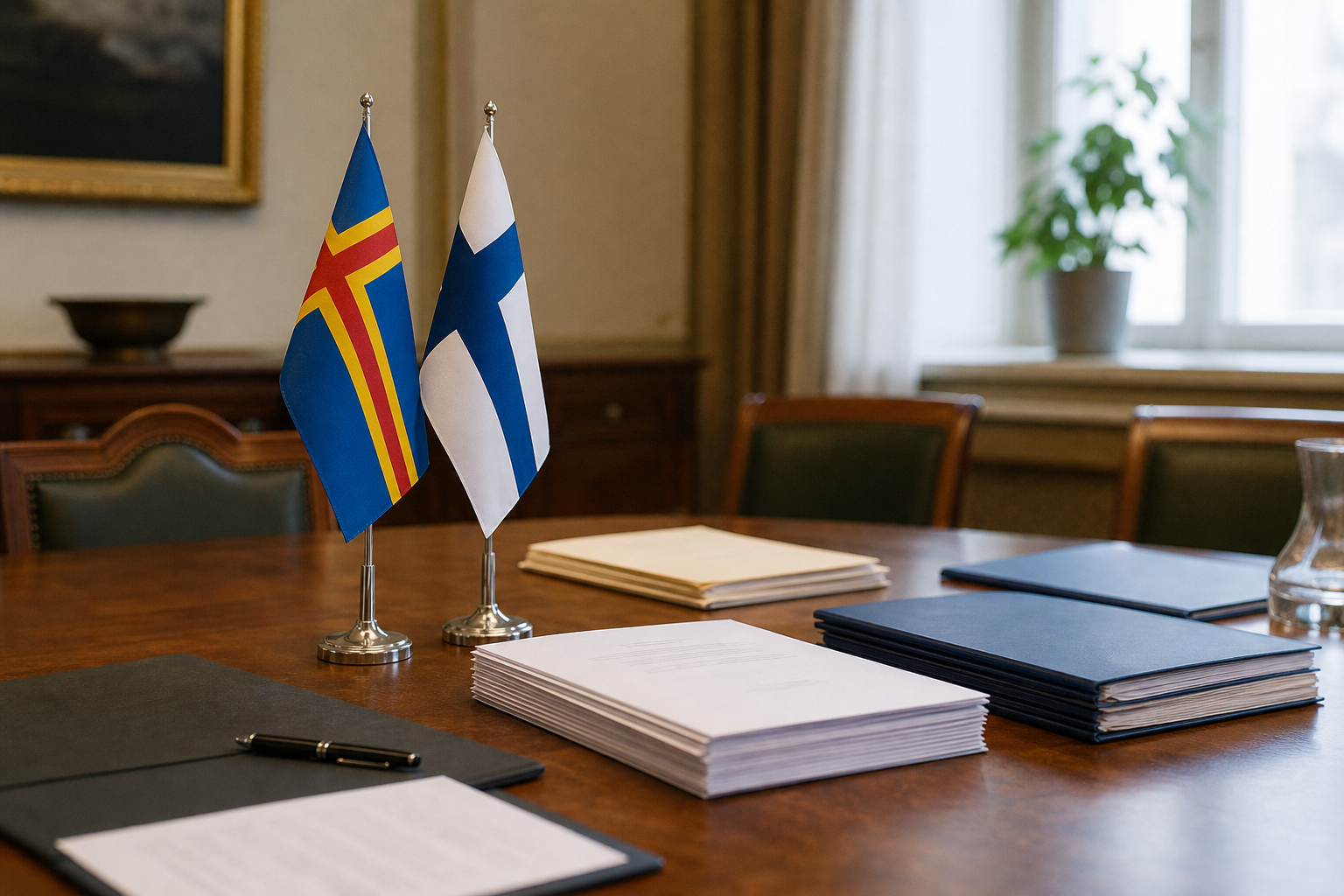 Pöydällä on lakiasiakirjoja sekä Ahvenanmaan ja Suomen liput virallisessa kokousympäristössä.
