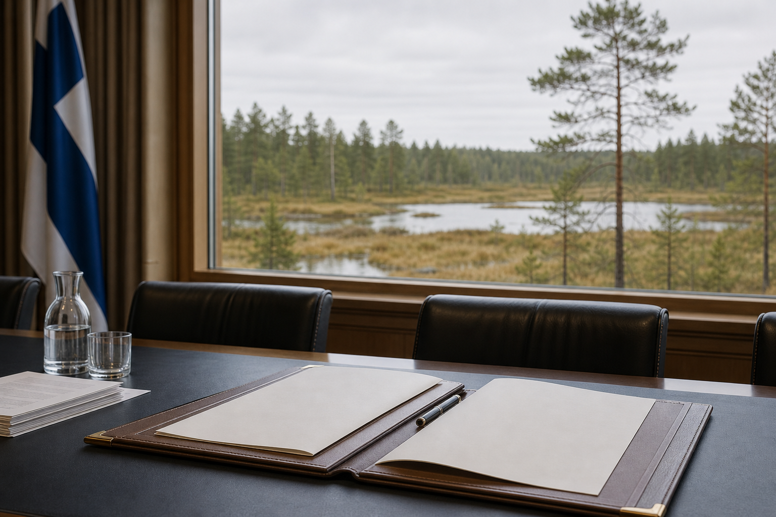 Asiakirjoja pöydällä, taustalla suomalainen suo- ja metsämaisema ikkunan takana.