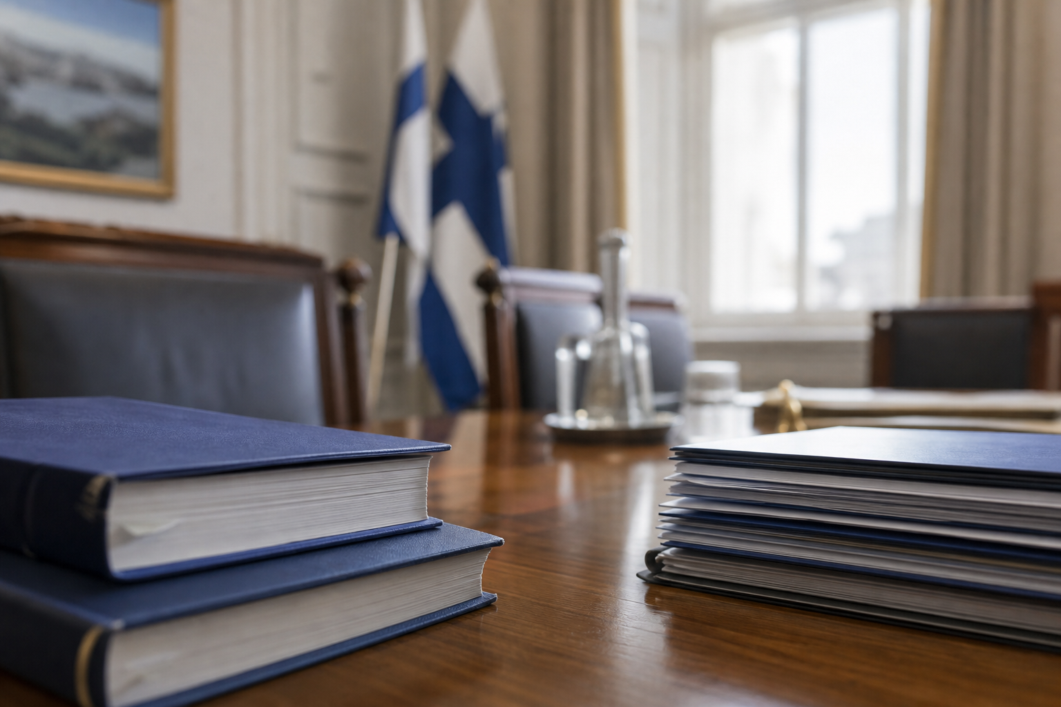 Pöydällä on lakiasiakirjoja virastomaisessa kokoushuoneessa, taustalla sumea Suomen lippu.