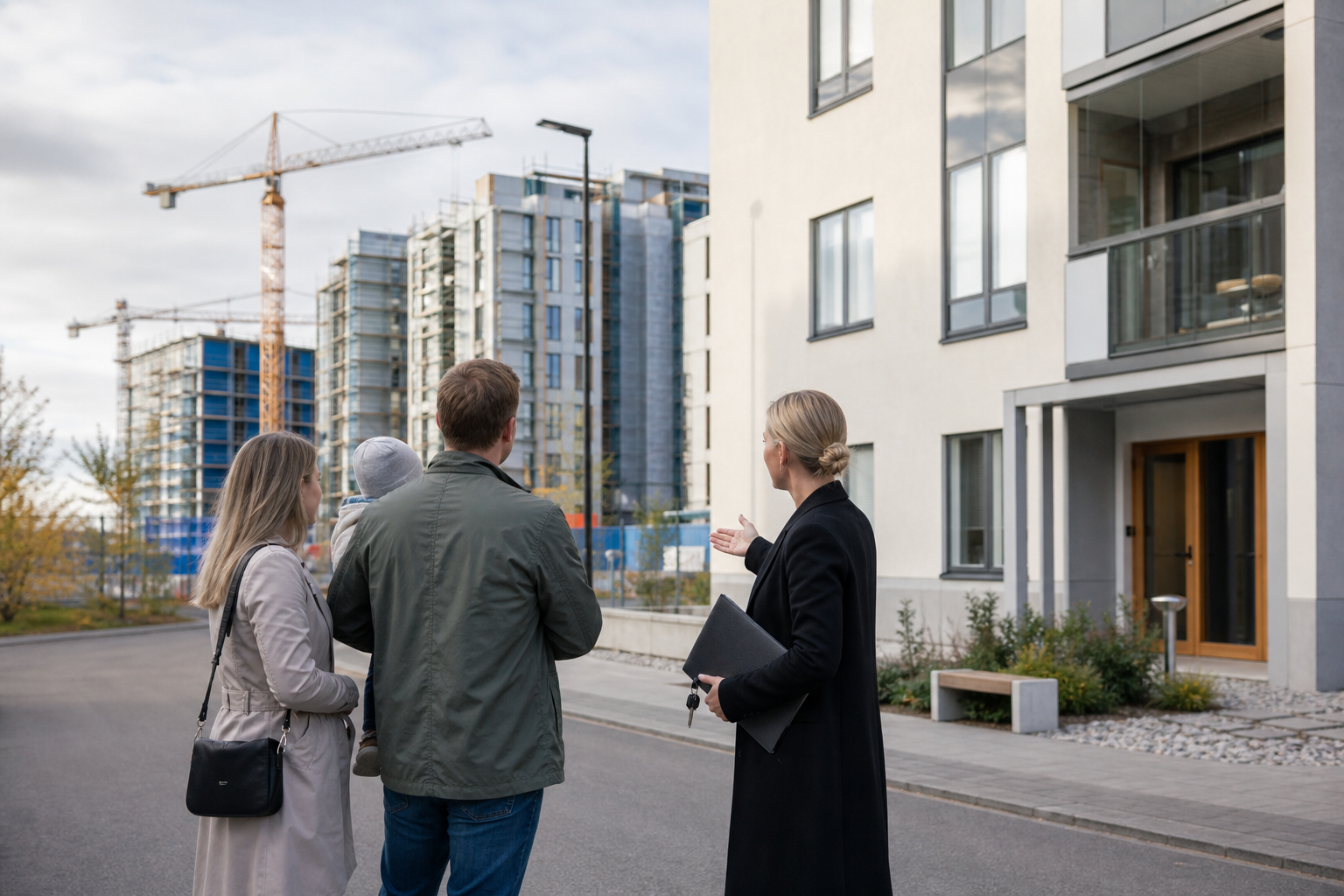 Ihmisiä katselemassa kerrostaloa ja rakennustyömaata suomalaisessa kaupunkiympäristössä.