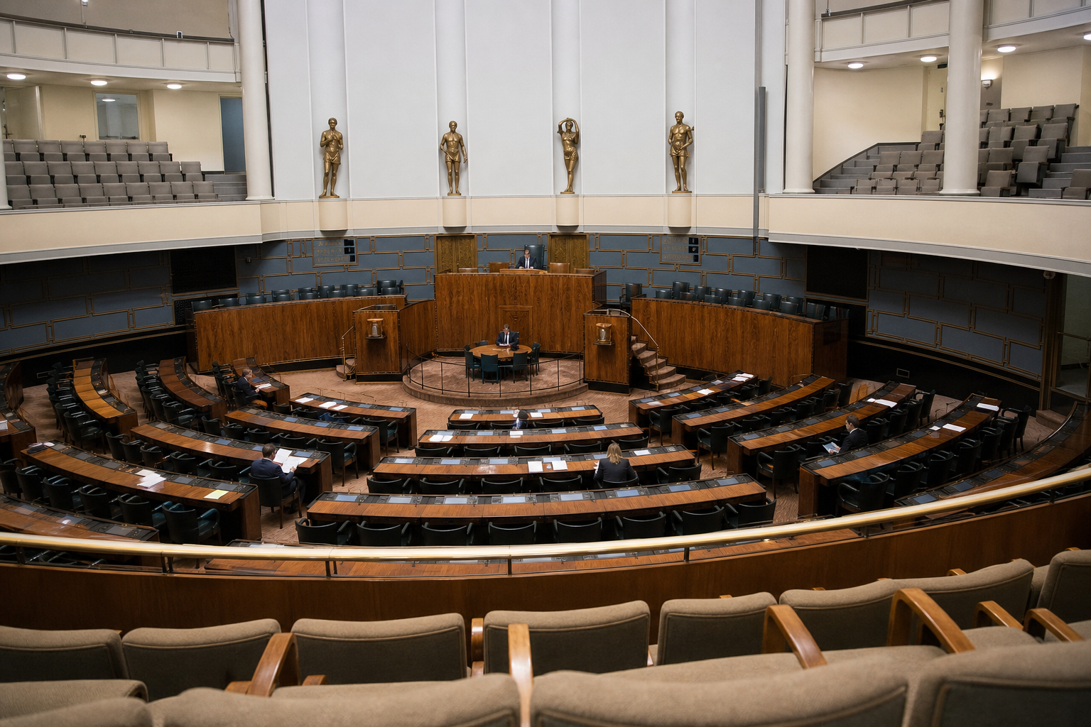 Eduskunnan täysistuntosali kuvattuna lehteriltä, etualalla asiakirjoja käsitteleviä virkahenkilöitä.