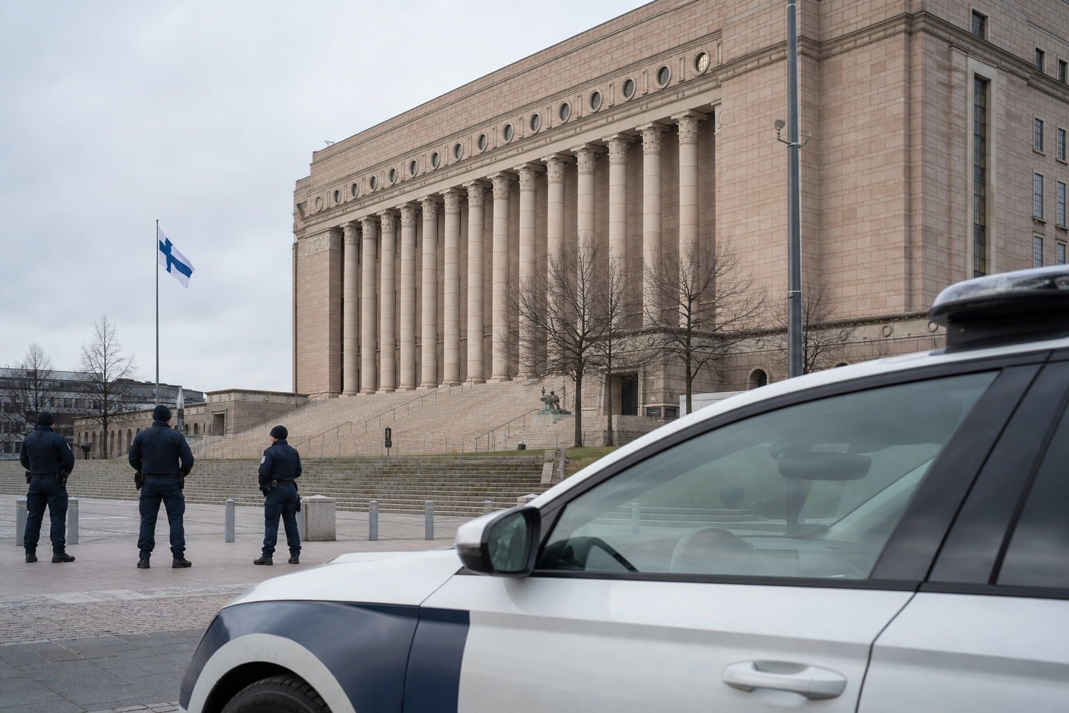 Eduskuntatalo ja poliisiauto harmaana päivänä, symbolisena kuvana poliisin reserviä koskevasta päätöksestä.