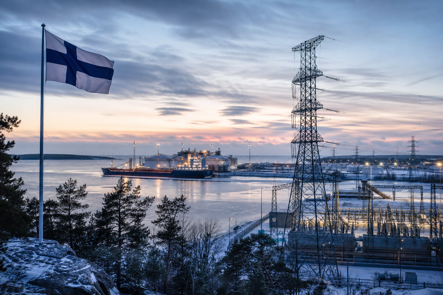 Sähkölinjoja ja sataman energiainfrastruktuuria talvisessa suomalaisessa maisemassa.