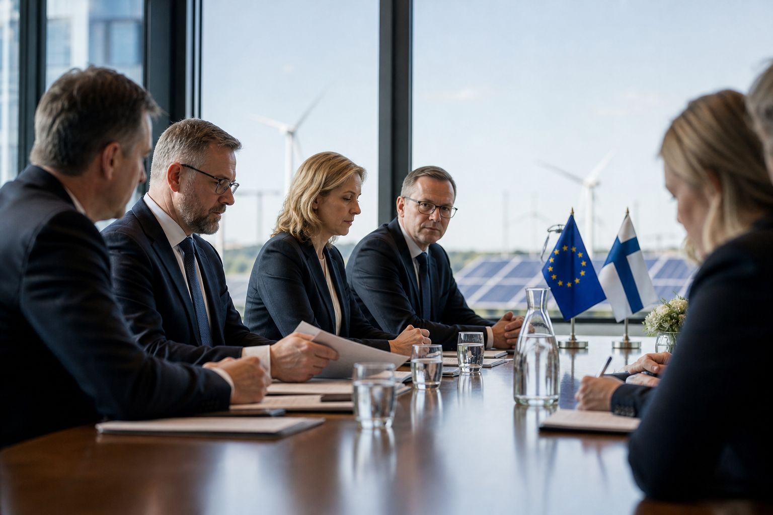 Kokoushuoneessa käsitellään asiakirjoja, taustalla EU- ja Suomen liput sekä viitteitä uusiutuvaan energiaan.