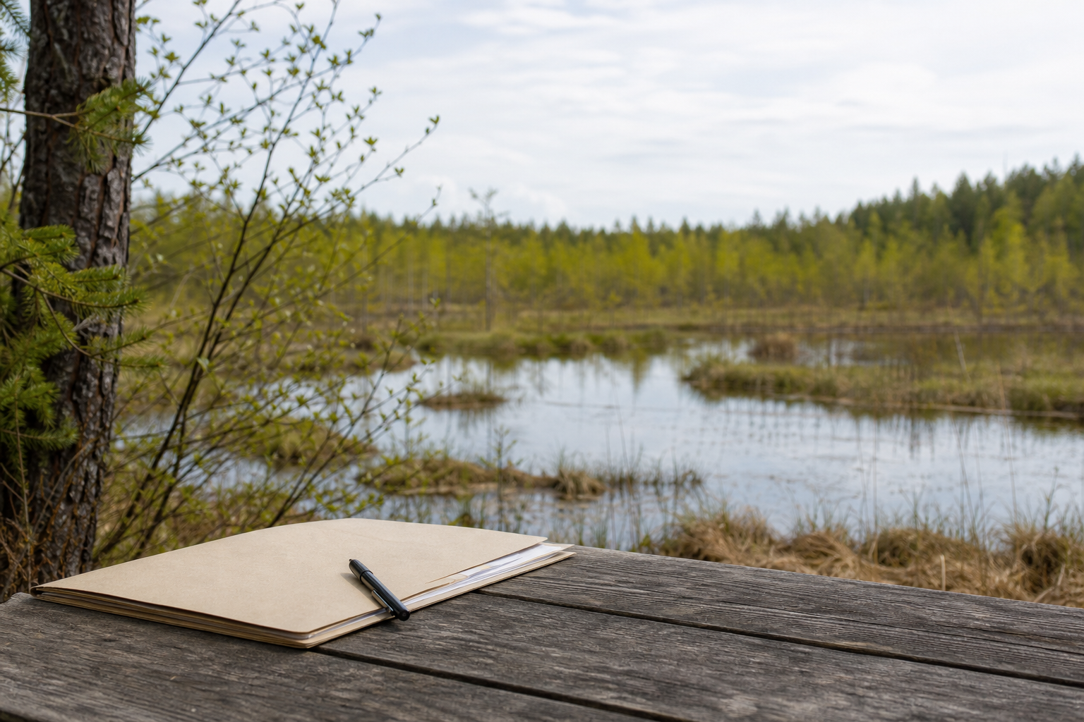 Metsän ja kosteikon laidalla on asiakirjakansio ja kynä, jotka viittaavat luonnonsuojelun sääntelyyn.