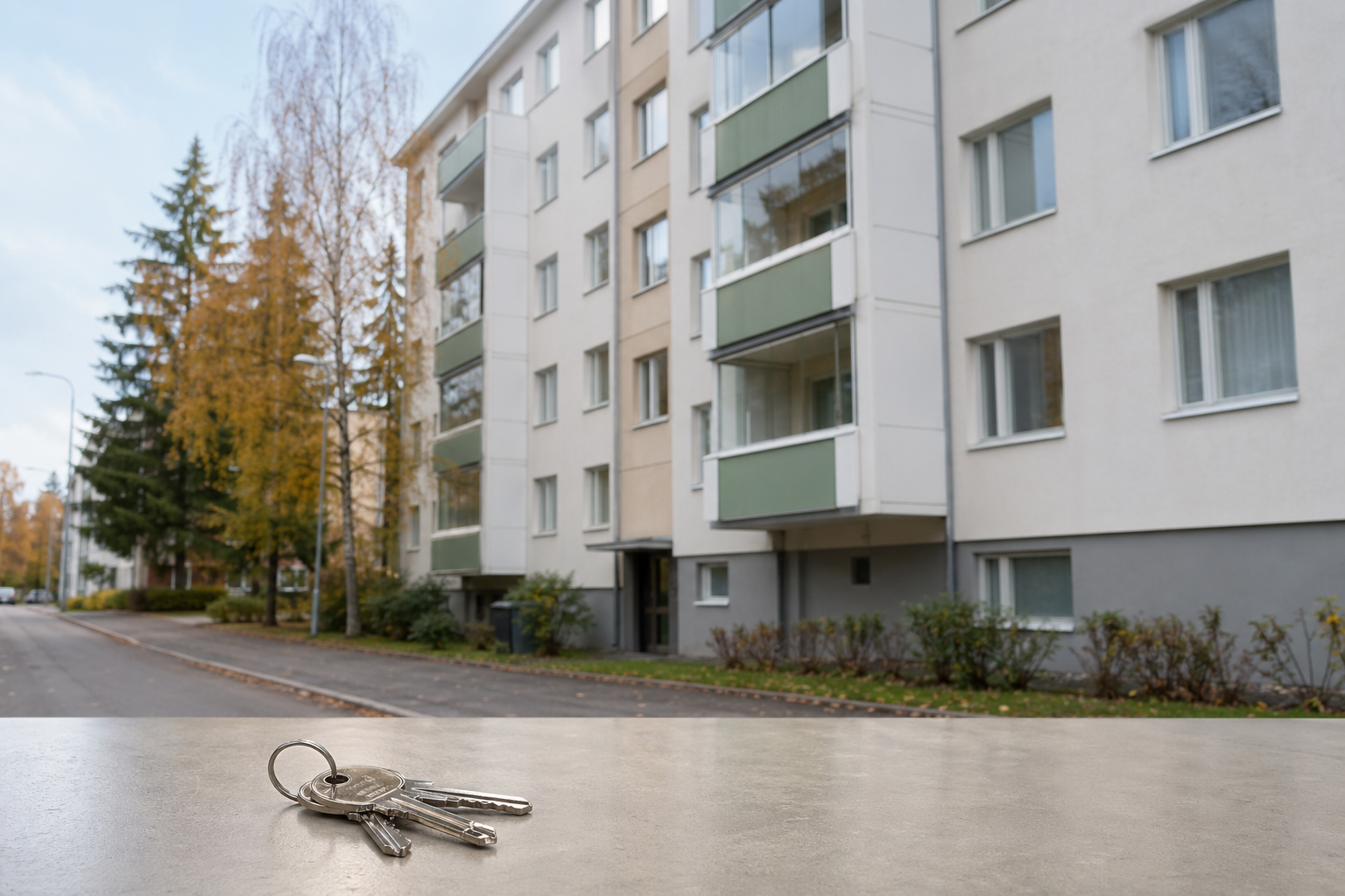 Kerrostalo kaupunkikadulla ja avain etualalla symboloivat asuntojen lyhytvuokrauksen sääntelyä.