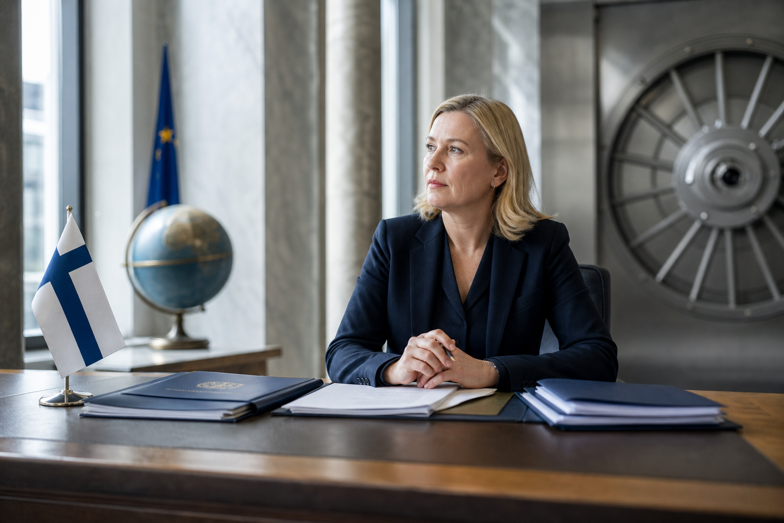 Työpöydällä asiakirjoja ja Suomen lippu keskuspankkia muistuttavassa virallisessa ympäristössä.