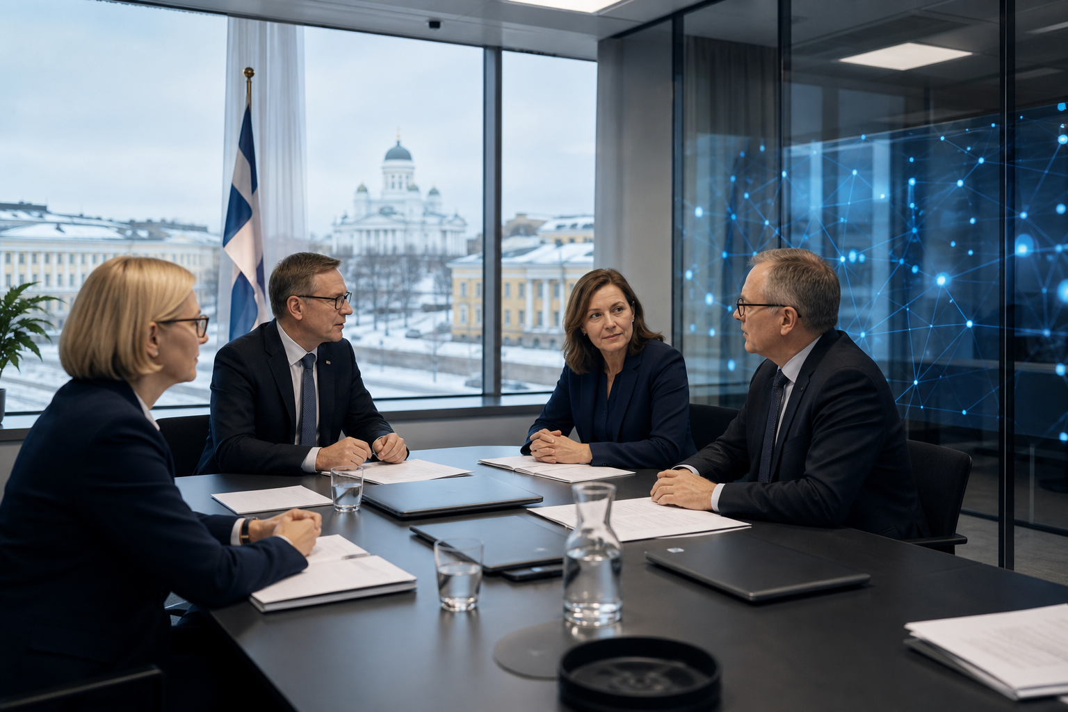 Kokouspöydällä on asiakirjoja ja kannettavia tietokoneita viranomaisympäristössä.