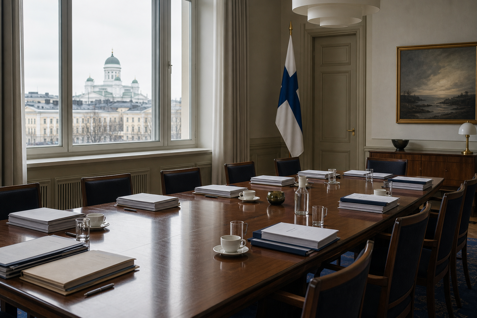 Tyhjä ministeriön kokoushuone, jossa pöydällä on asiakirjoja ja kansioita.